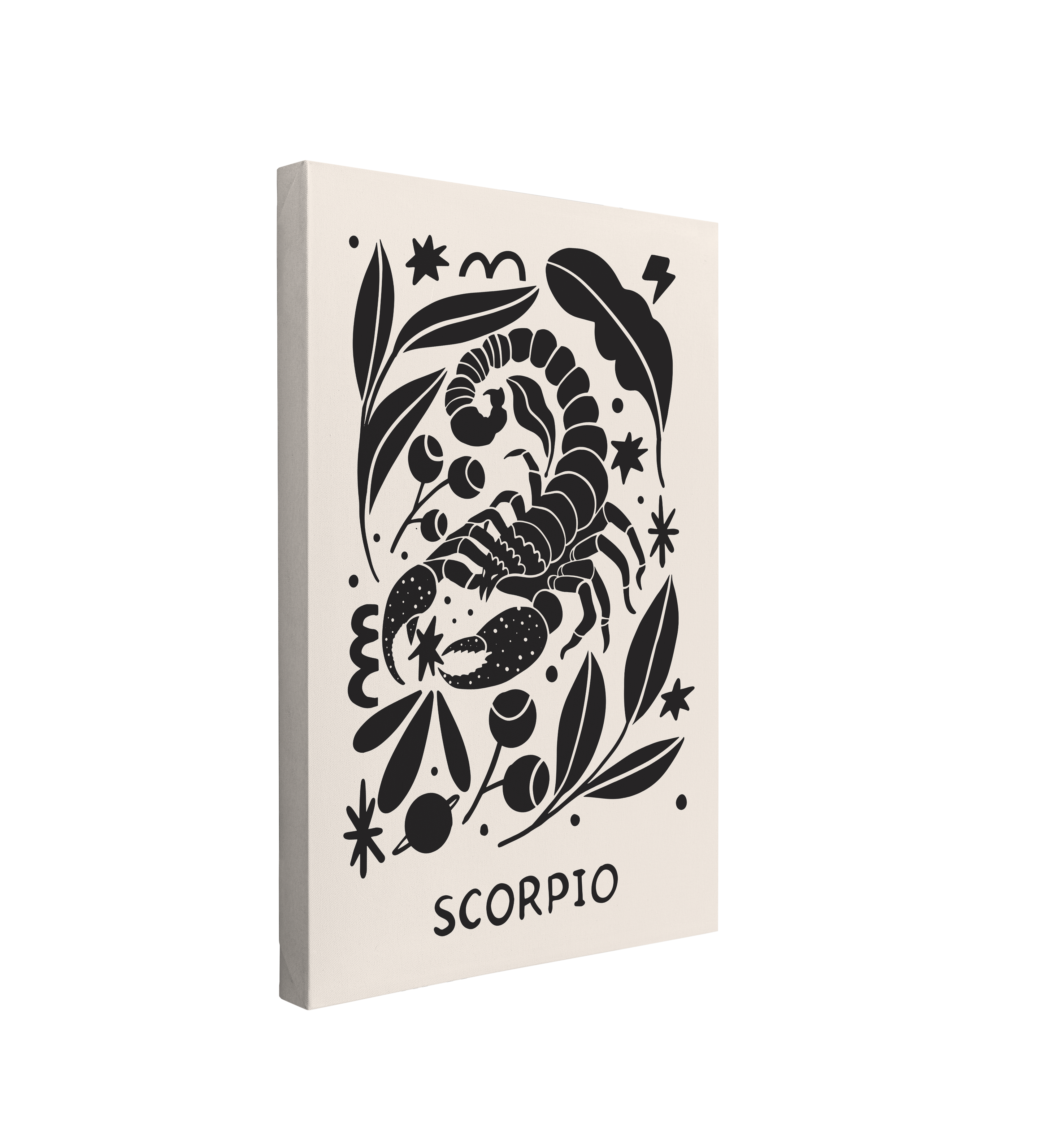 Single, 2:3 vertical easy to hang canvas print on a transparent background featuring an image of a black and white, minimalist Scandinavian interpretation of the zodiac, Scorpio. Featuring a scorion with leaves, florals and stars.
