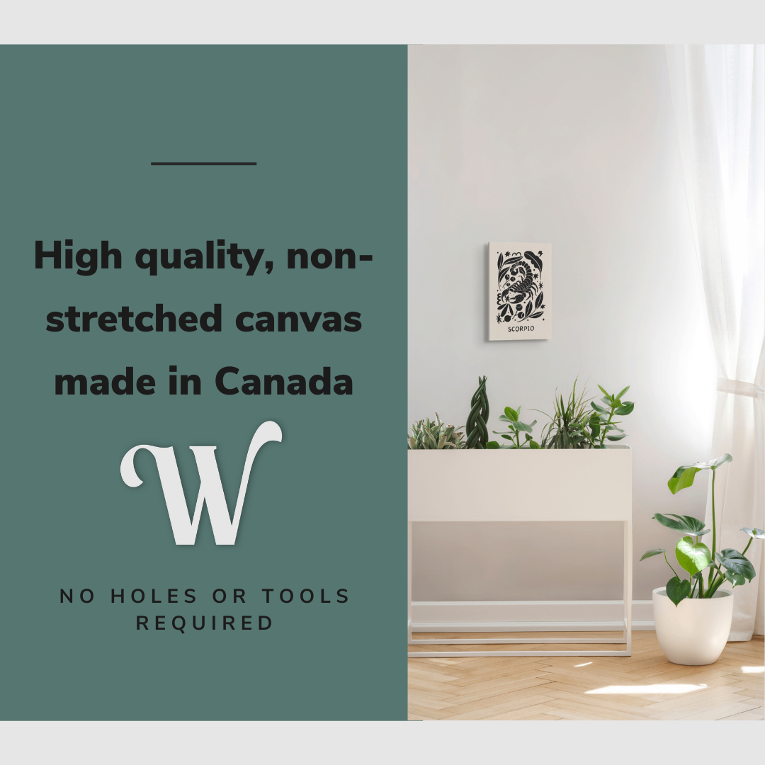 Lifestyle image of the vertical 12x18” inch easy to hang canvas wall art hung in a bedroom over a planter with graphic saying "High quality, non-stretched canvas made in Canada."