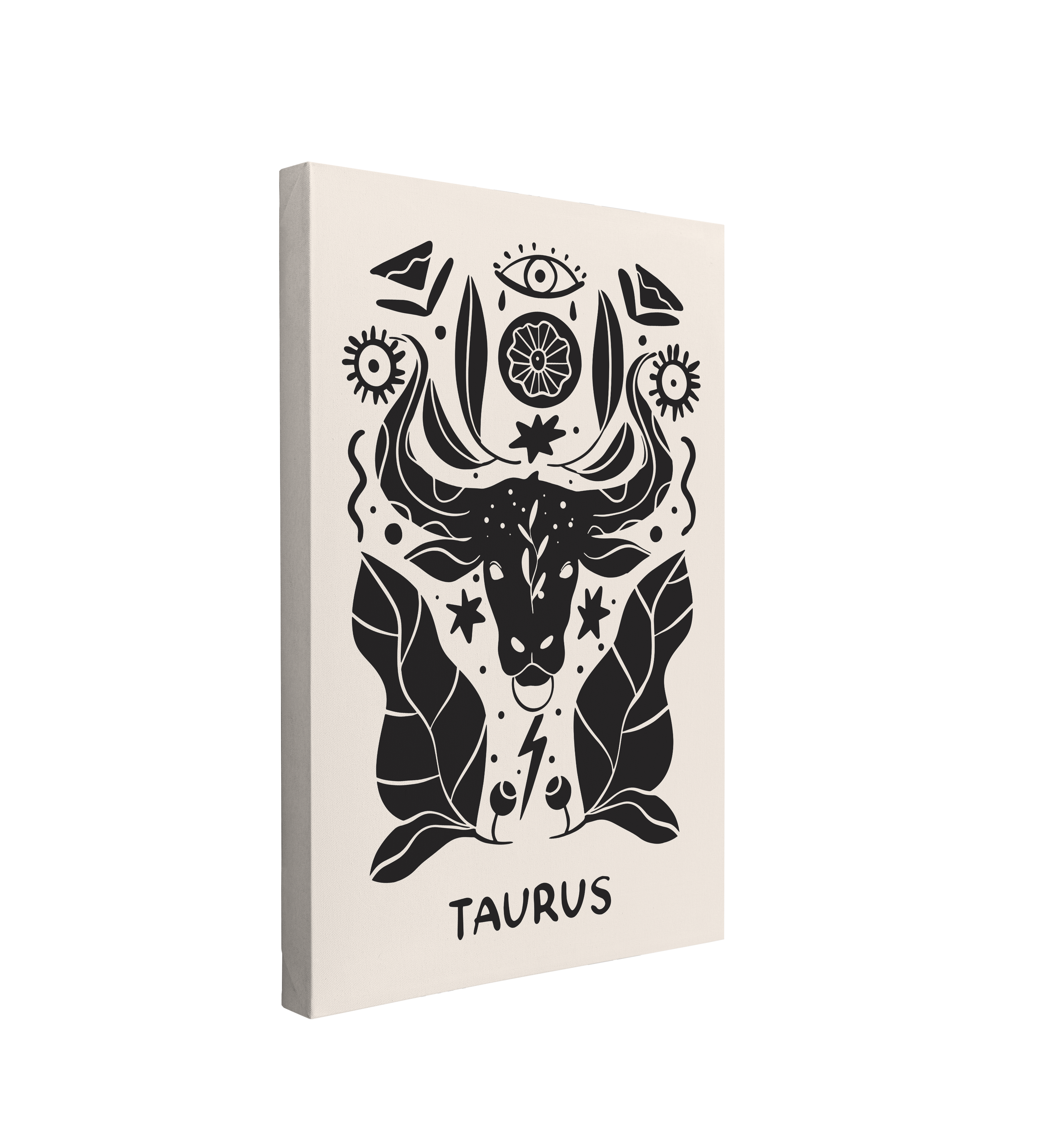 Single, 2:3 vertical easy to hang canvas print on a transparent background featuring an image of a black and white interpretation of the Taurus zodiac symbol featuring a cow bull's head surrounded by floral, eyes and leaves in a nordic art style.