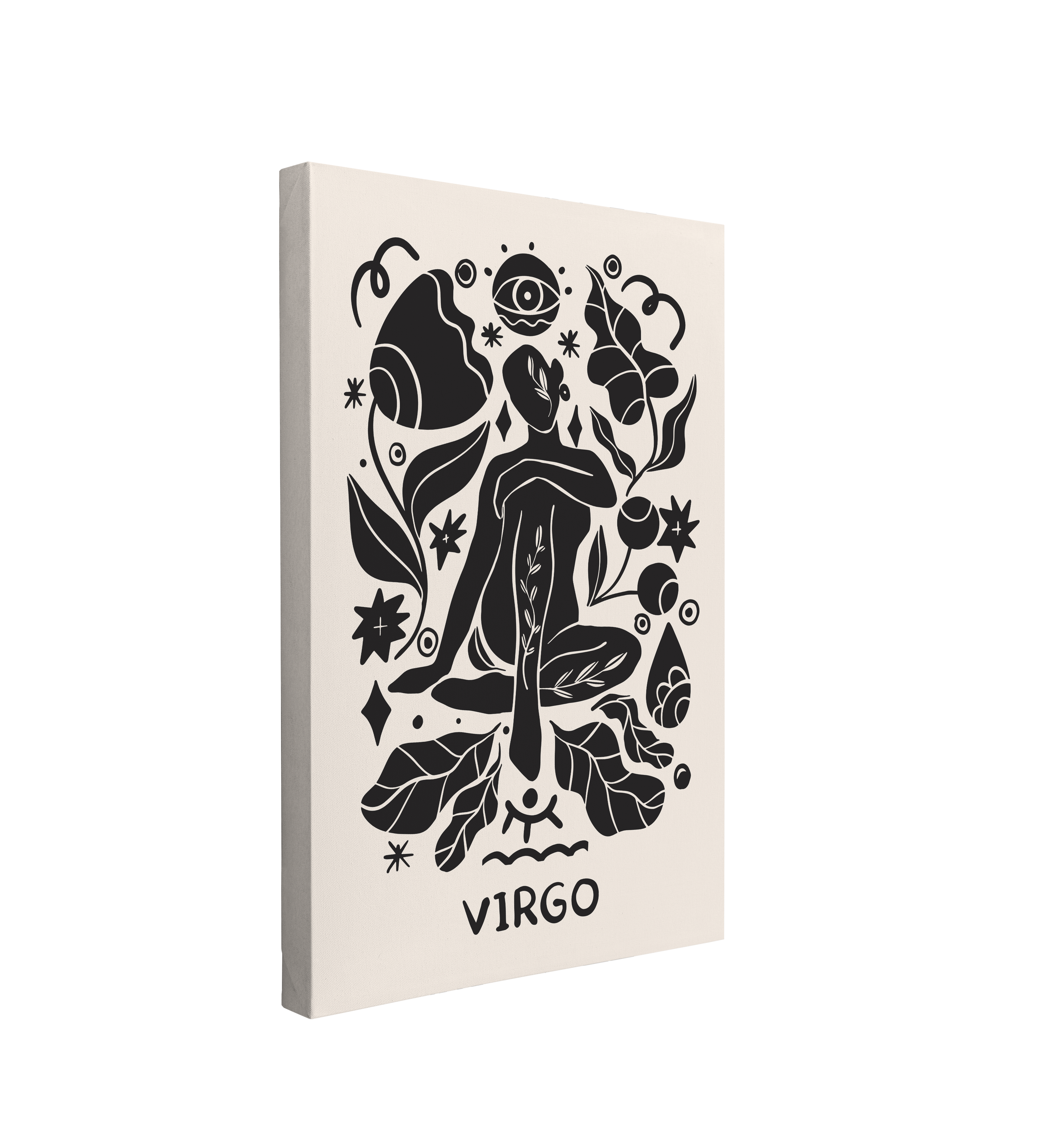 Single, 2:3 vertical easy to hang canvas print on a transparent background featuring an image of black and white interpretation in a nordic style of the zodiac symbol, Virgo, featuring a woman surrounded by flowers, floral, leaves and eyes.