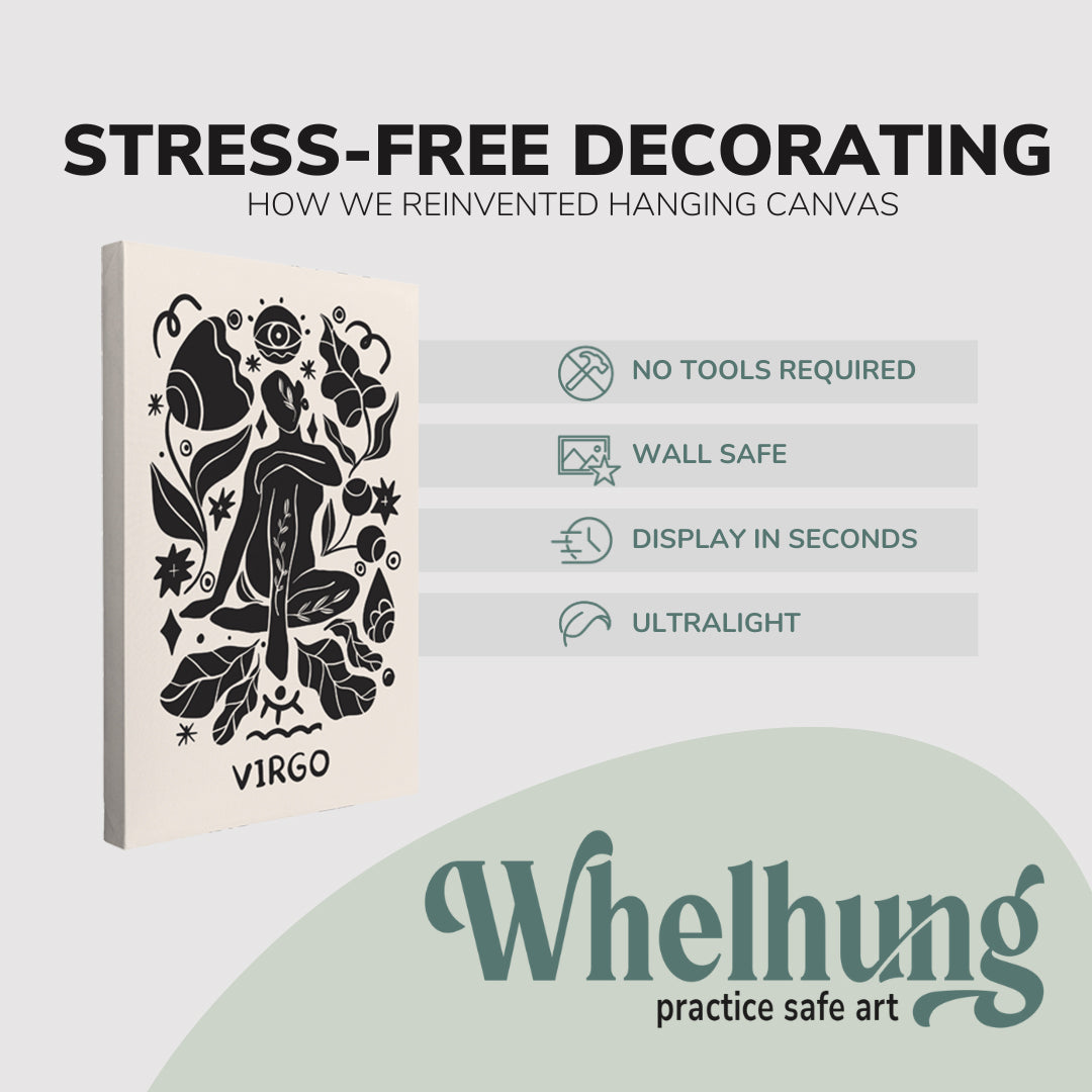 Single, 2:3 vertical easy to hang canvas print on a graphic displaying the stress-free decorating Whelhung offers, how we reinvented hanging canvas: "no tools required", "wall safe", "display in seconds" and "ultralight."