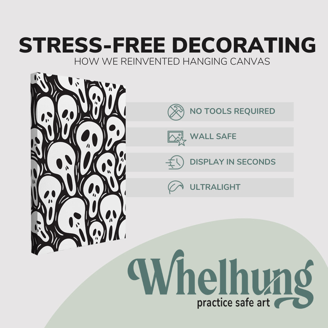 Single, 2:3 vertical easy to hang canvas print on a graphic displaying the stress-free decorating Whelhung offers, how we reinvented hanging canvas: "no tools required", "wall safe", "display in seconds" and "ultralight."
