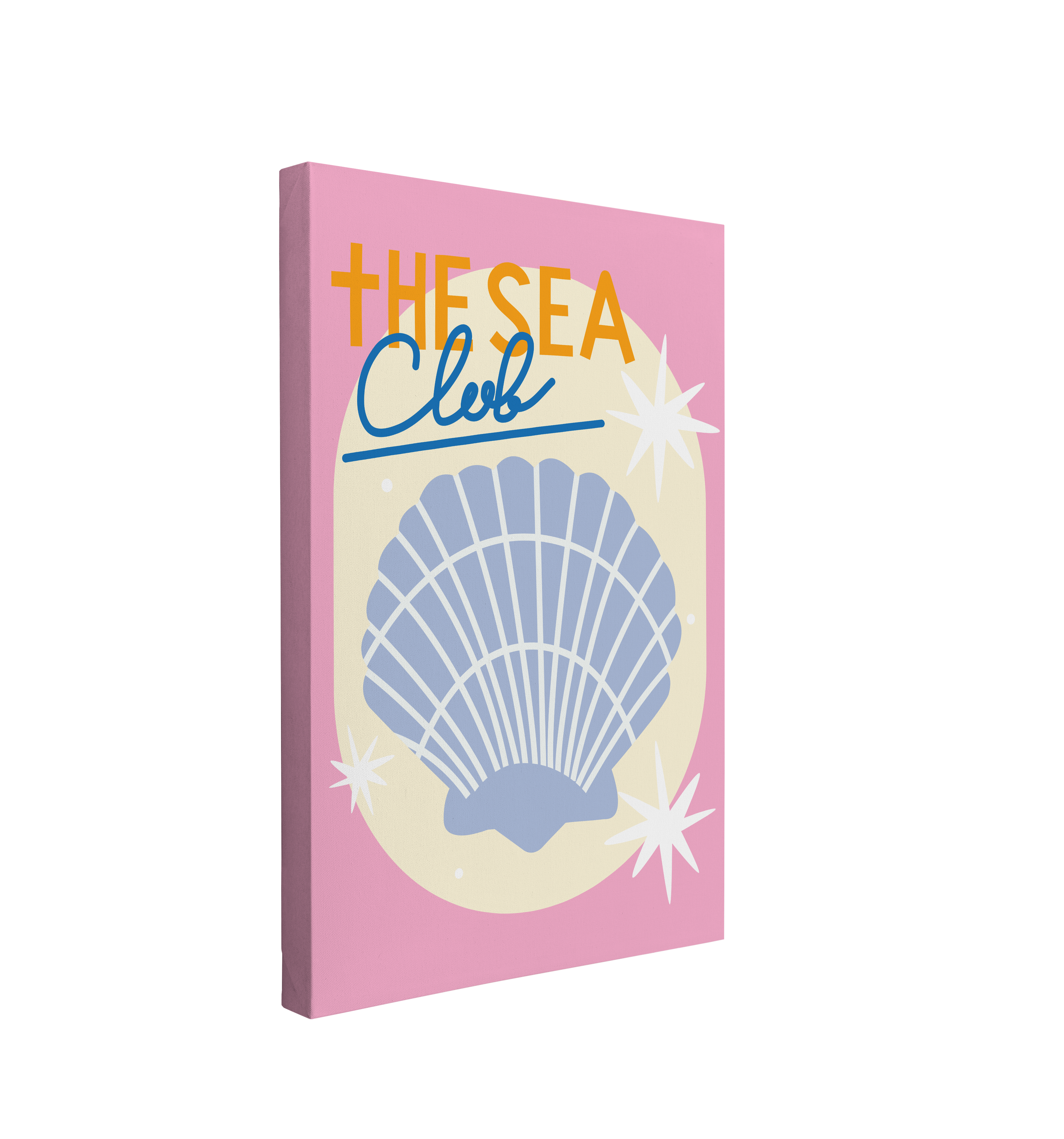 Single, 2:3 ratio vertical easy to hang canvas prints on a transparent background featuring a large purple/blue clamshell on a yellow and pink background with white sparkles and words above it in yellow and blue "the Sea Club"