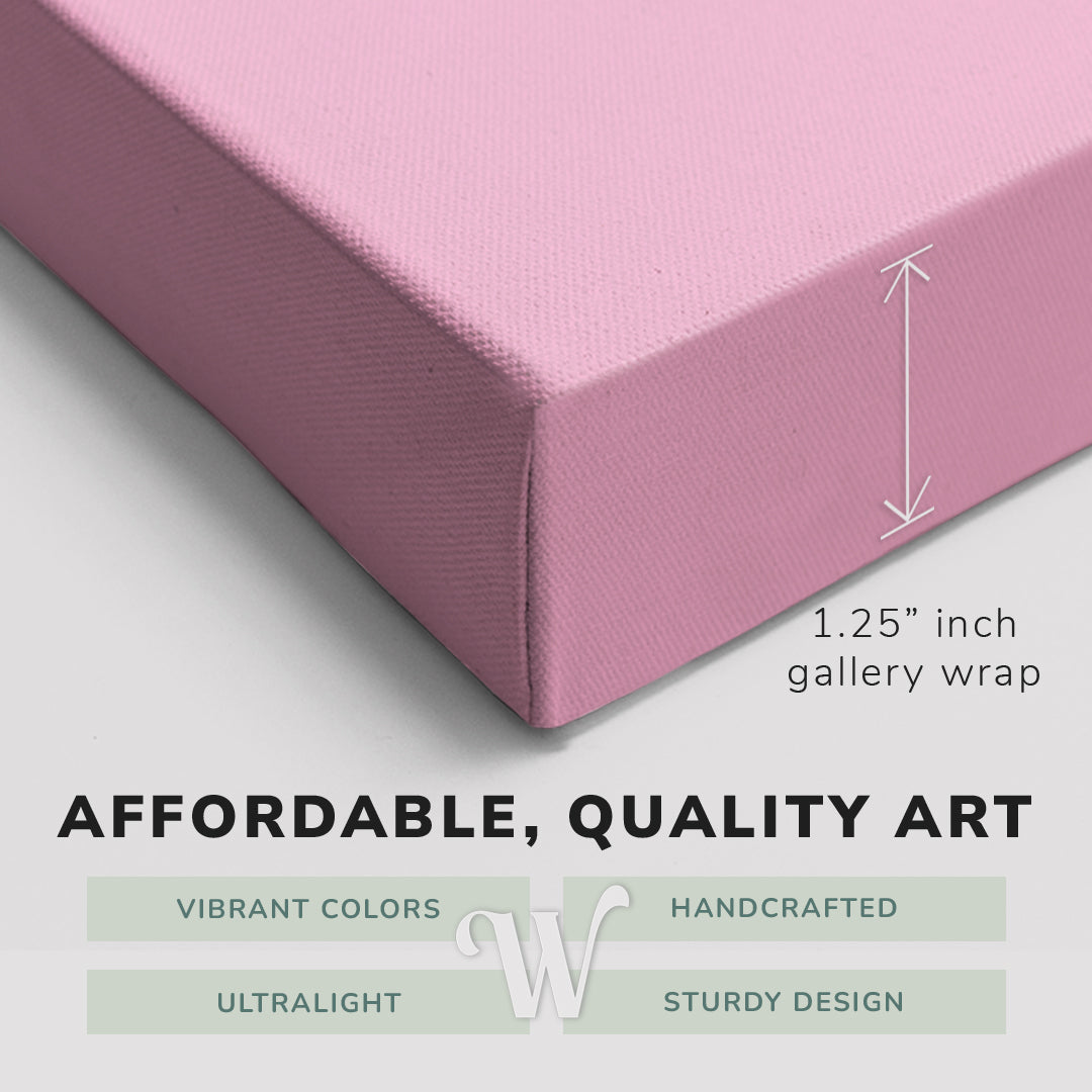 Corner shot of a Whelhung easy to hang canvas print showing the 1.25" inch gallery wrap thickness and graphic saying "Affordable, Quality Art", "Vibrant Colors", "Handcrafted", "Ultralight" and "Sturdy Design."