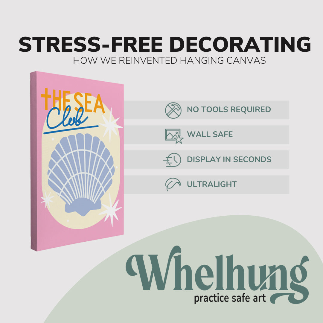 Single, 2:3 ratio vertical easy to hang canvas prints on a graphic displaying the stress-free decorating Whelhung offers, how we reinvented hanging canvas: "no tools required", "wall safe", "display in seconds" and "ultralight."