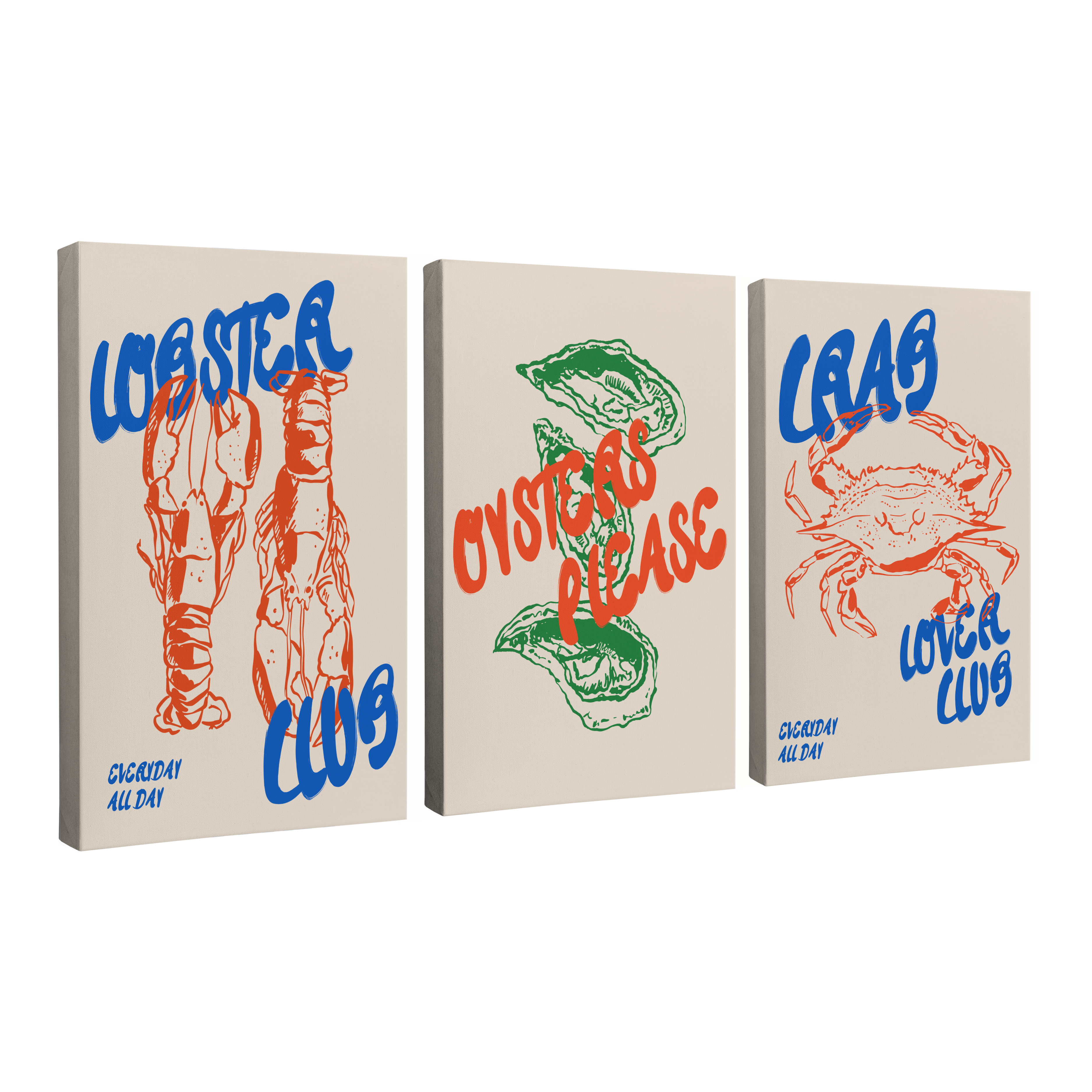 Set of 3, 2:3 ratio vertical easy to hang canvas prints on a transparent background featuring an images of red lobsters, green oysters and a red crab with font "Lobster Club Everyday All Day", "Oysters Please" and "Crab Lover Club Everyday All Day" on a white background