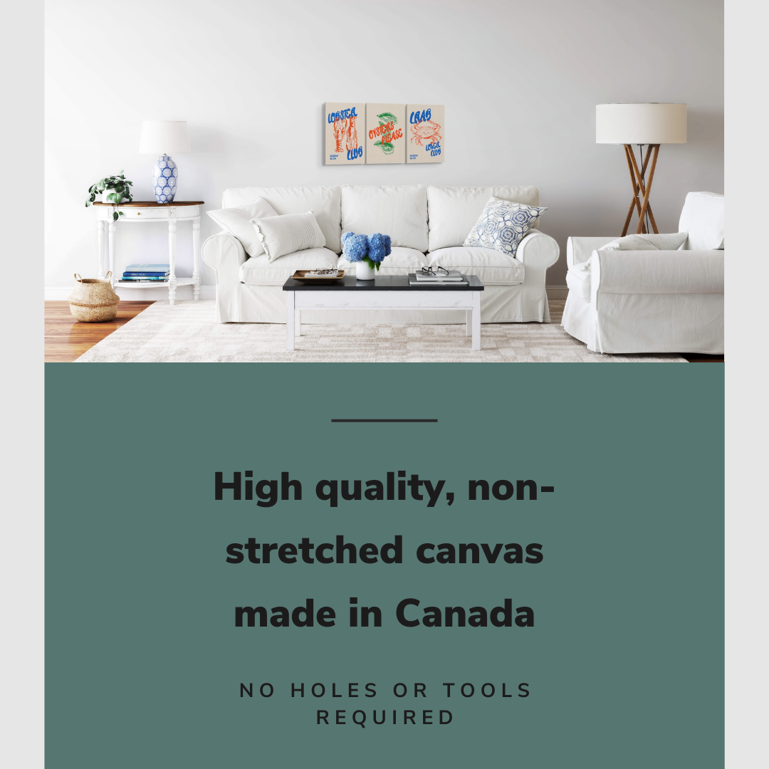 Lifestyle image of the vertical 12x18" inch set of 3 easy to hang canvas wall art hung above a couch in a living room with graphic saying "High quality, non-stretched canvas made in Canada"
