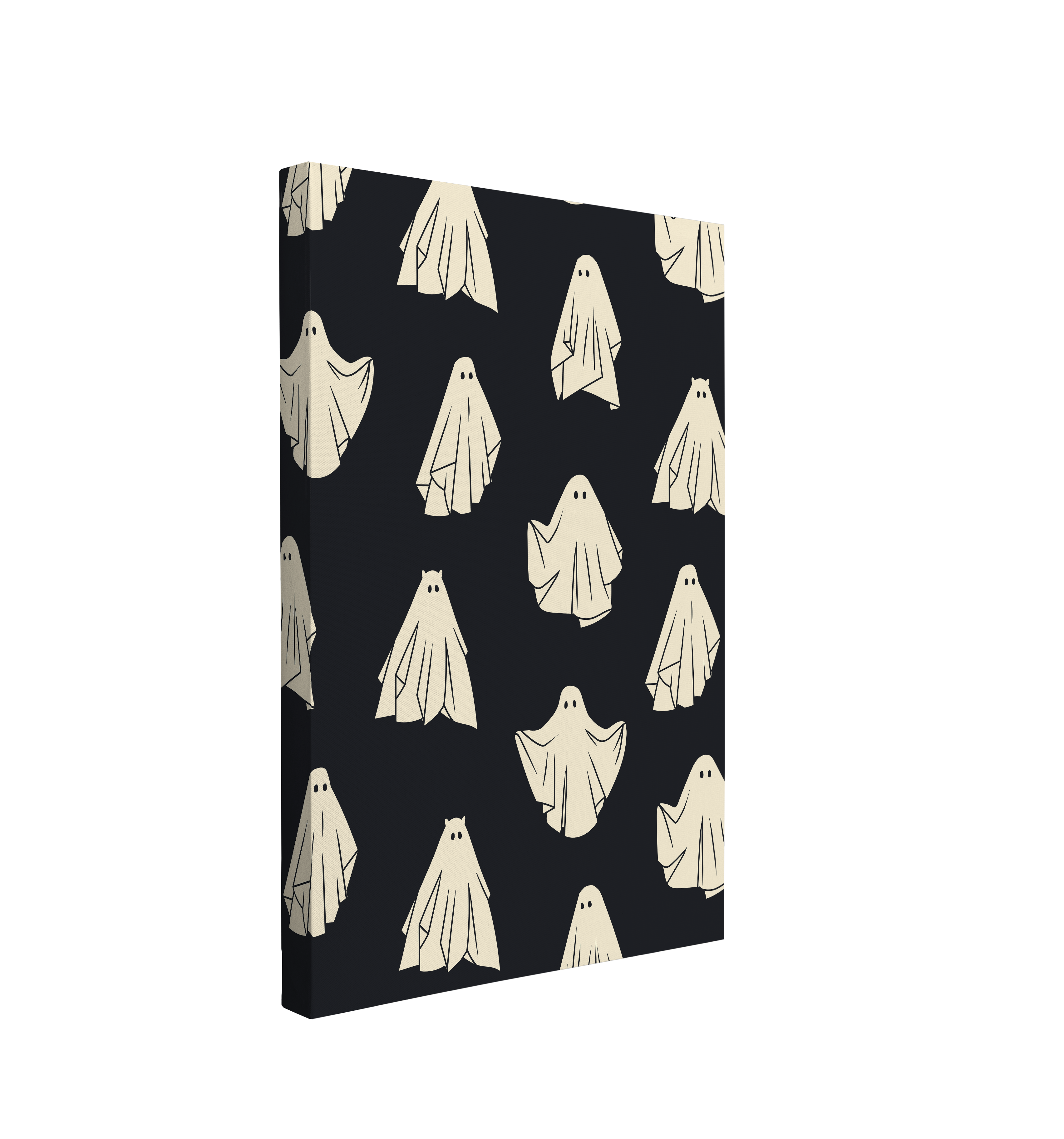 Single, 2:3 vertical easy to hang canvas print on a transparent background featuring an image of white sheet ghosts patterned on a black background.