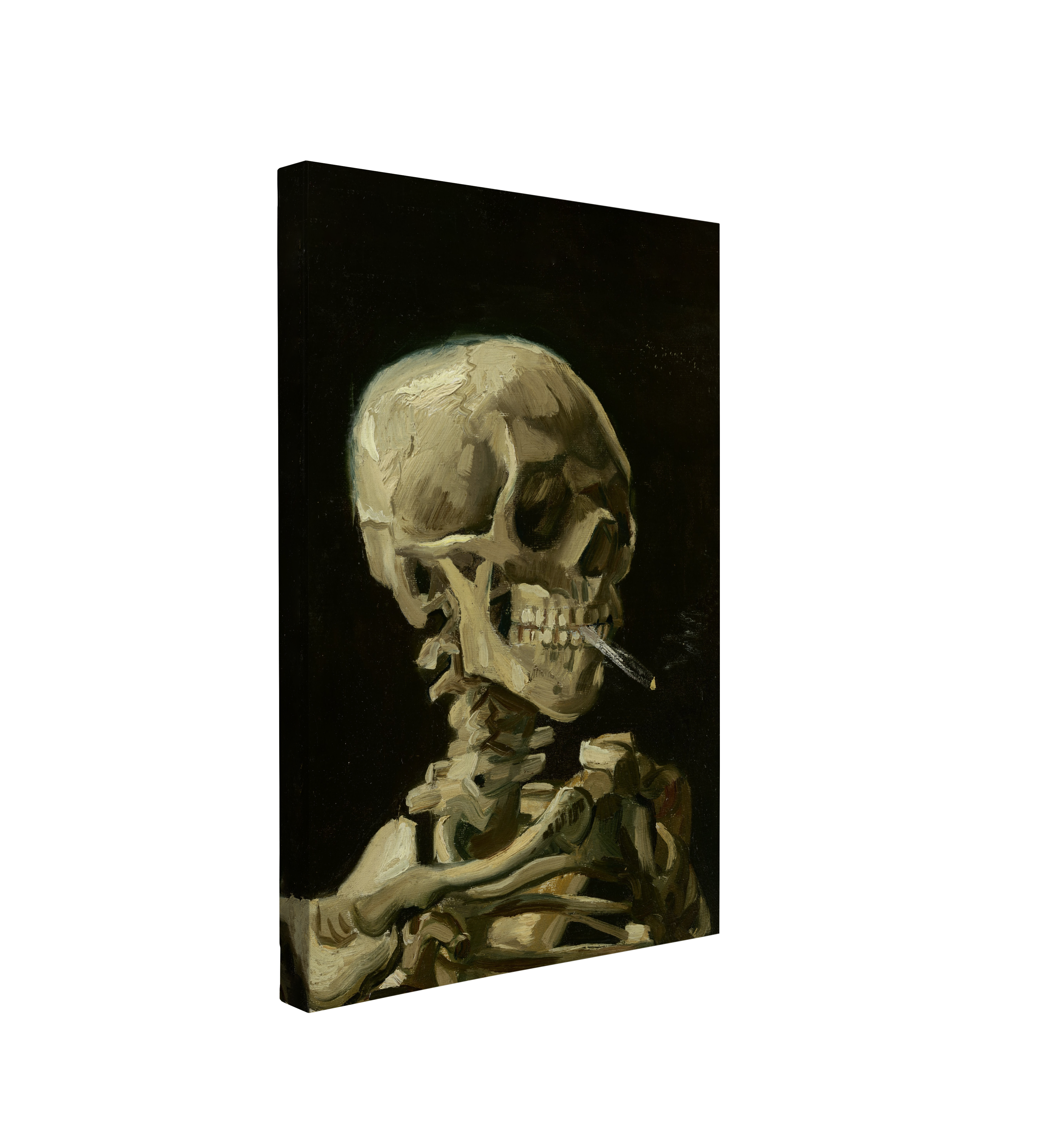 single, 2:3 vertical easy to hang canvas print on a transparent background featuring an image of a painting of a yellow white skeleton's bust smoking a cigarette on a black background