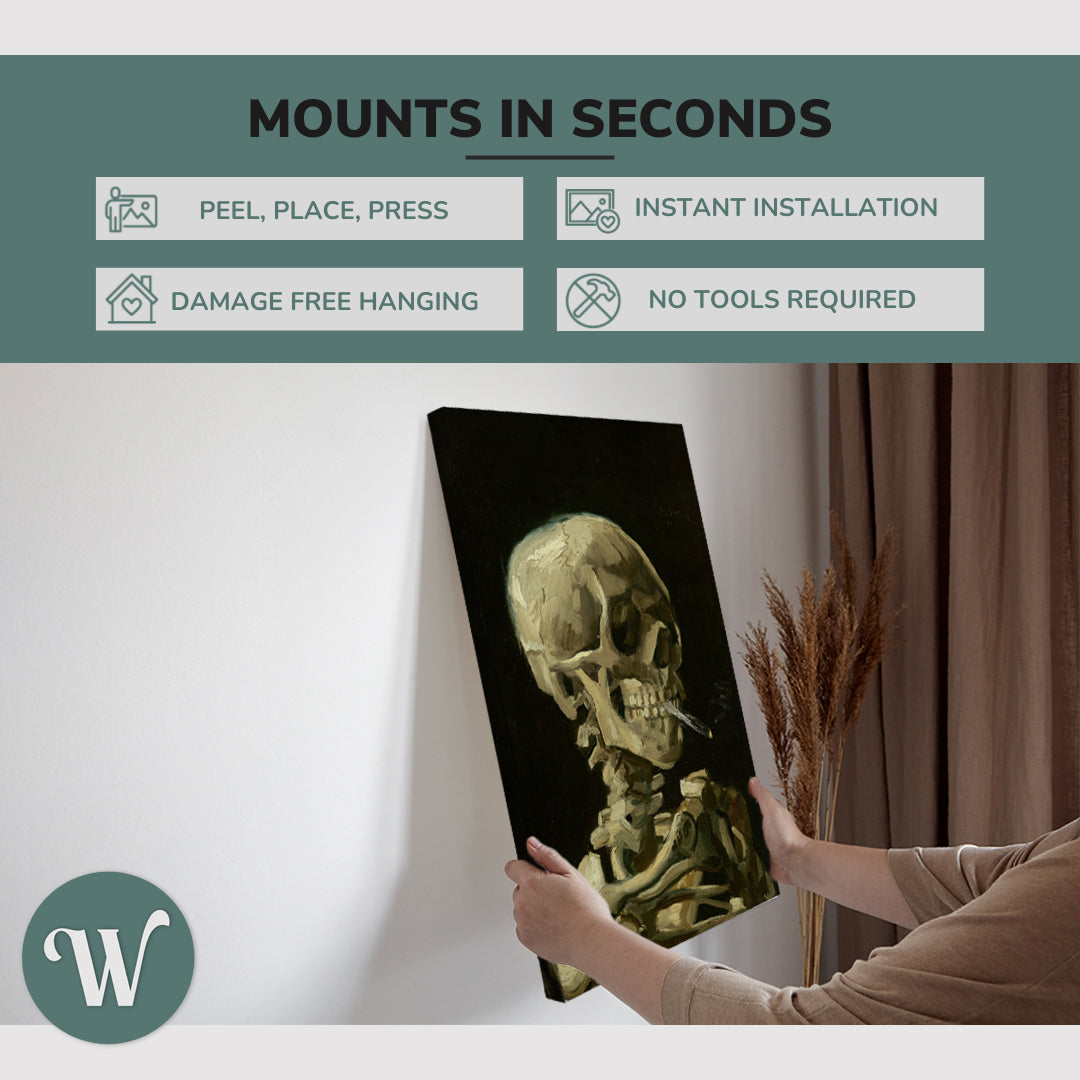 graphic showing hanging a single 2:3 vertical 20x30 inch easy to hang canvas showing how easy it is to hang. Mounts in seconds, "peel, place, press", "instant installation", "damage free hanging" and "no tools required."