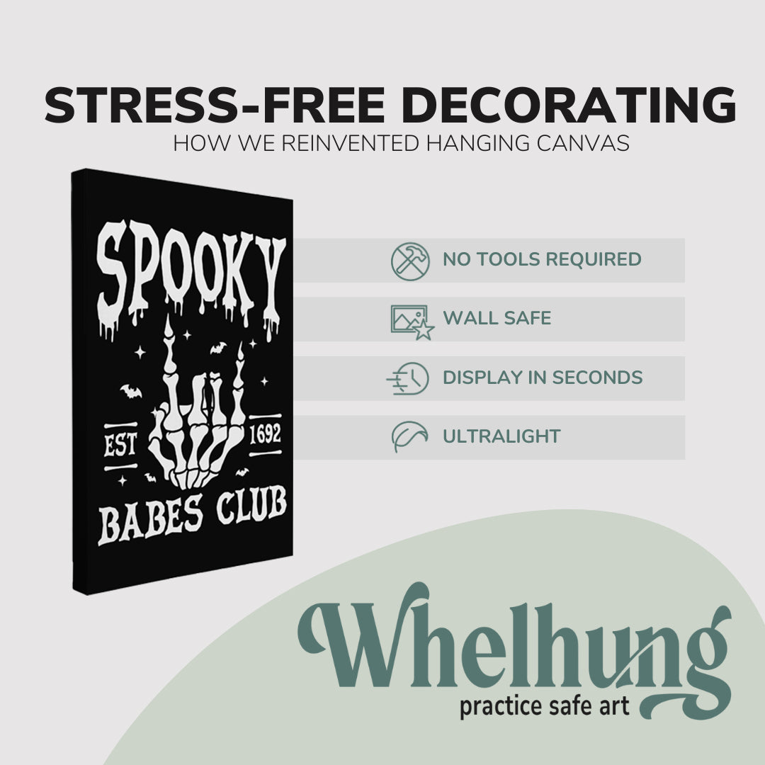 Single, 2:3 vertical easy to hang canvas print on a graphic displaying the stress-free decorating Whelhung offers, how we reinvented hanging canvas: "no tools required", "wall safe", "display in seconds" and "ultralight."