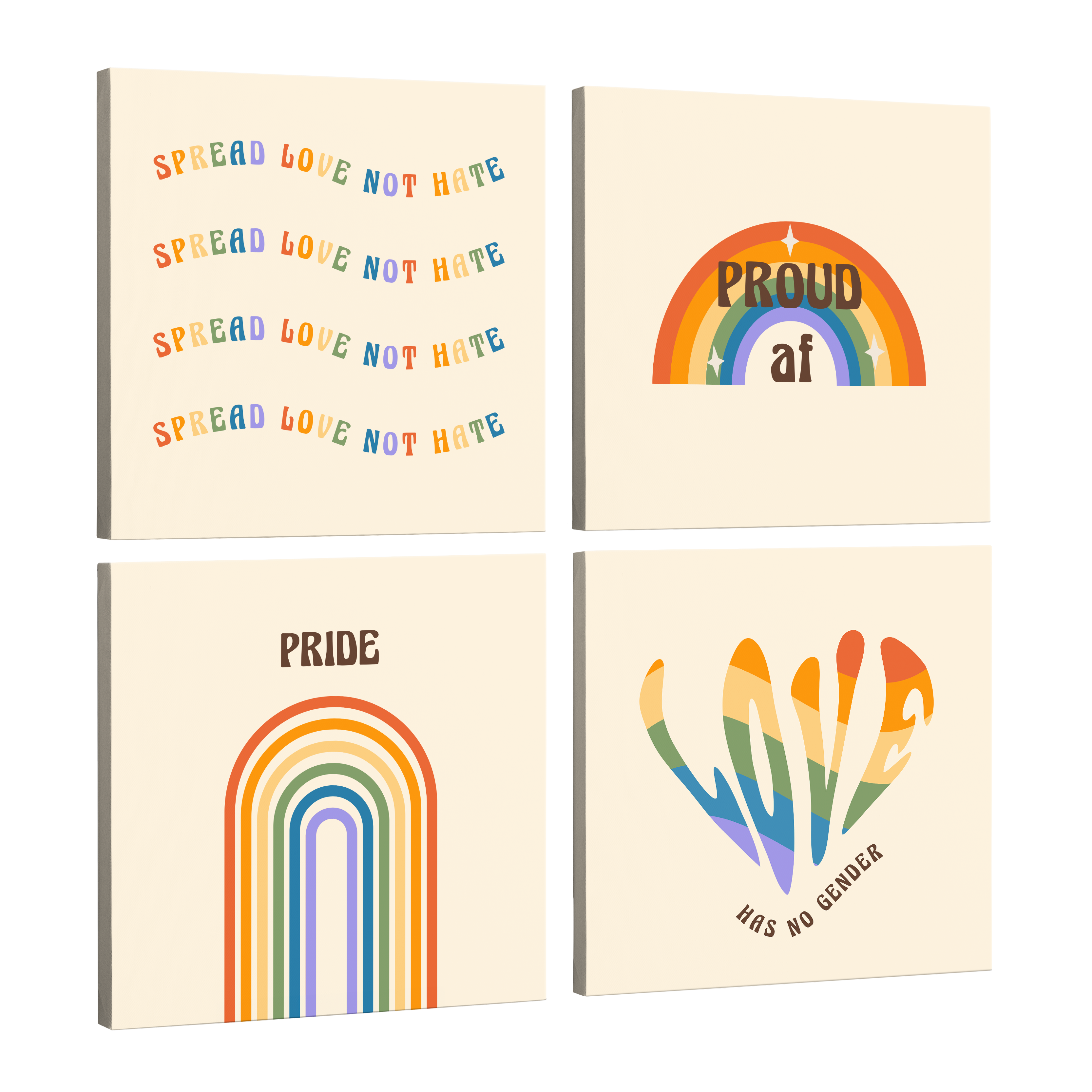 4 Panel, 1:1 square easy to hang canvas print on a transparent background featuring an image of hearts, rainbows and flags in the rainbow pride flag colors with inspirational words like "Spread Love Not Hate"
