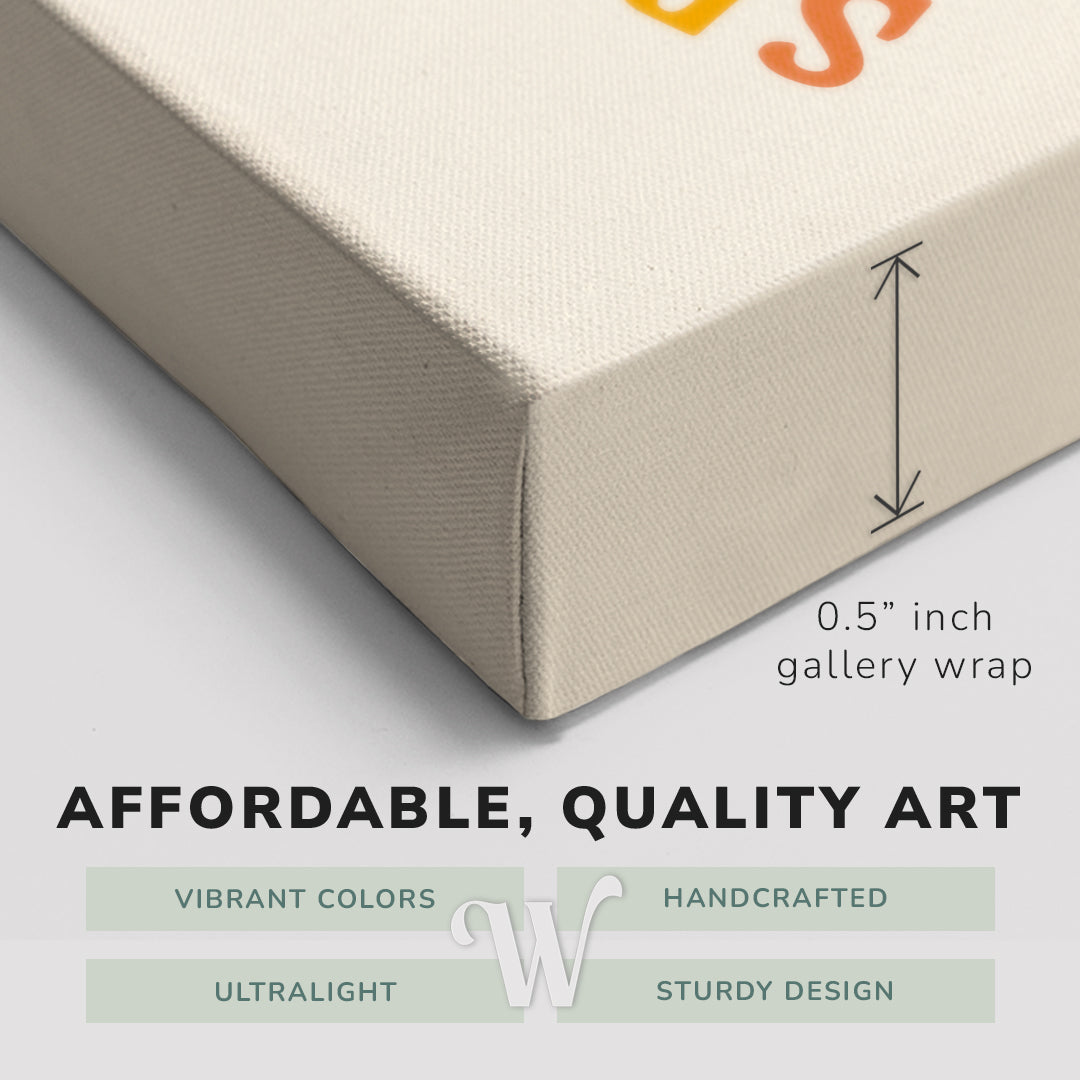 Corner shot of a Whelhung easy to hang canvas print showing the 0.5" inch gallery wrap thickness and graphic saying "Affordable, Quality Art", "Vibrant Colors", "Handcrafted", "Ultralight" and "Sturdy Design."