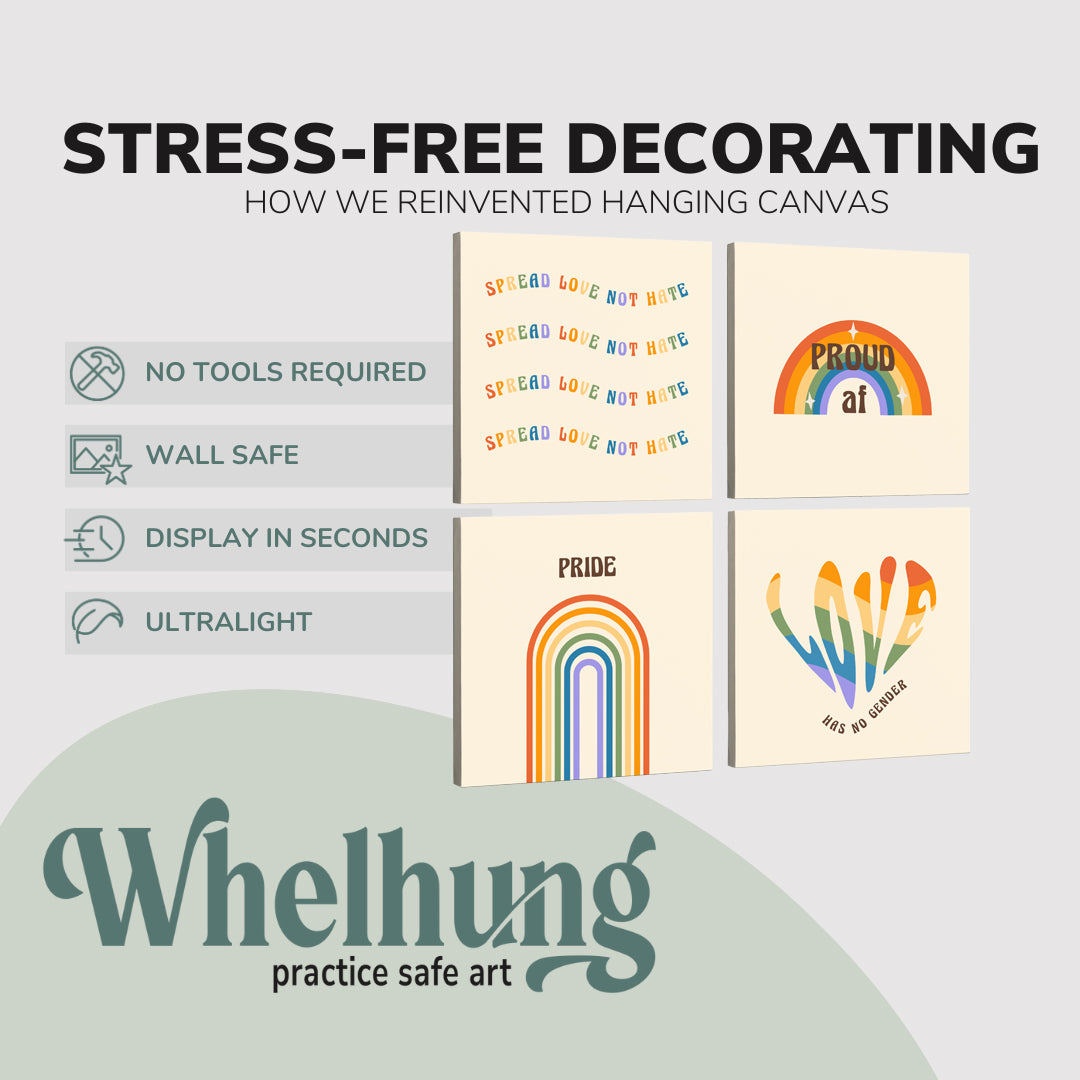 4 Panel, 1:1 square easy to hang canvas print on a graphic displaying the stress-free decorating Whelhung offers, how we reinvented hanging canvas: "no tools required", "wall safe"", "display in seconds" and "ultralight."