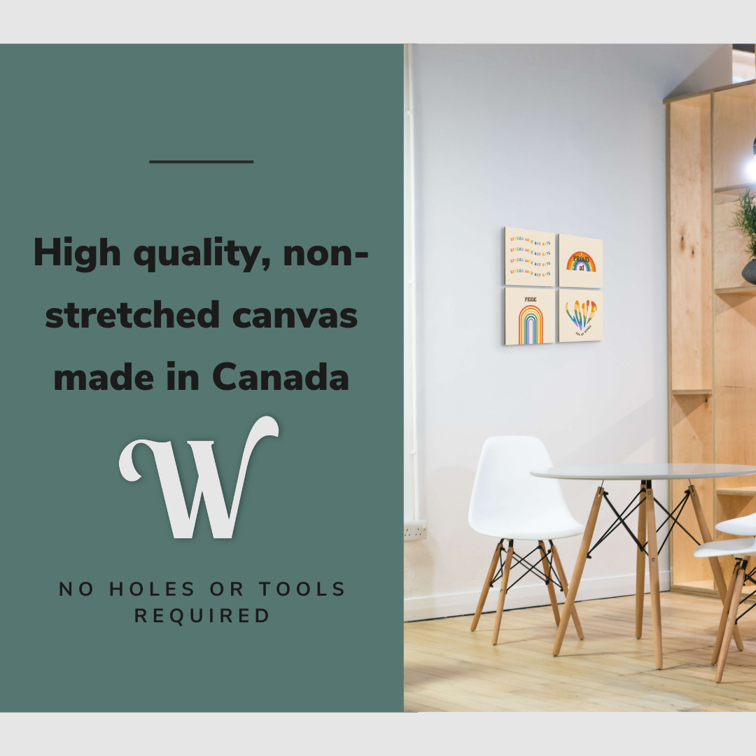Lifestyle image of the vertical, 24x24 inch easy to hang canvas wall art hung in a clean dining room hung over a dining table by a kitchen with graphic saying "High quality, non-stretched canvas made in Canada"