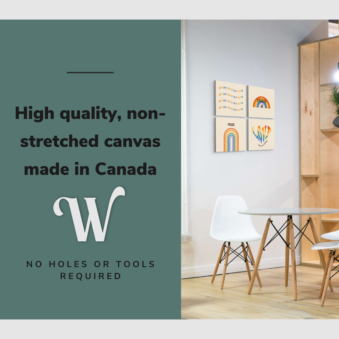Lifestyle image of the vertical, 32x32 inch easy to hang canvas wall art hung in a clean dining room hung over a dining table by a kitchen with graphic saying "High quality, non-stretched canvas made in Canada"