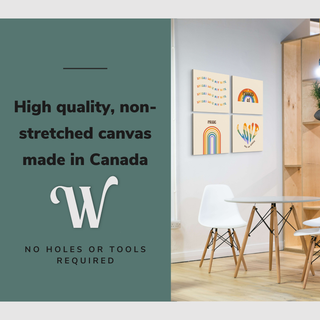 Lifestyle image of the vertical, 40x40 inch easy to hang canvas wall art hung in a clean dining room hung over a dining table by a kitchen with graphic saying "High quality, non-stretched canvas made in Canada"
