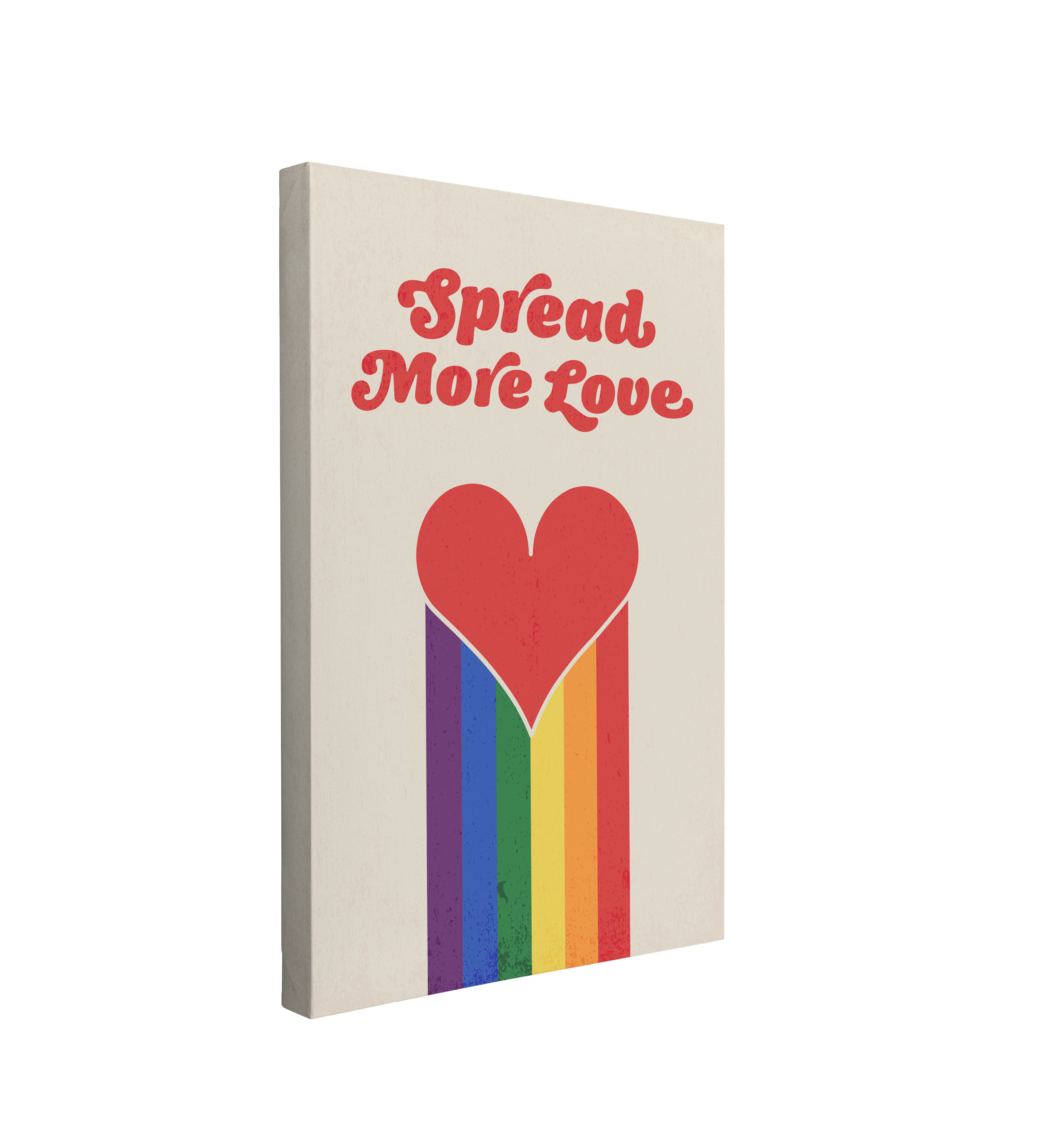 single, 2:3 vertical easy to hang canvas print on a transparent background featuring an image of a minimalist heart with a rainbow under it with words "Spread more love" over it in a retro red font on a light beige background