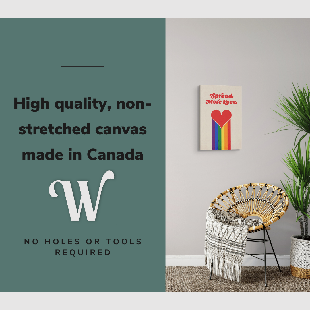 Lifestyle image of the vertical, 16x24 inch easy to hang canvas wall art hung in a minimalist hallway hung over an accent chair and a plant with graphic saying "High quality, non-stretched canvas made in Canada"