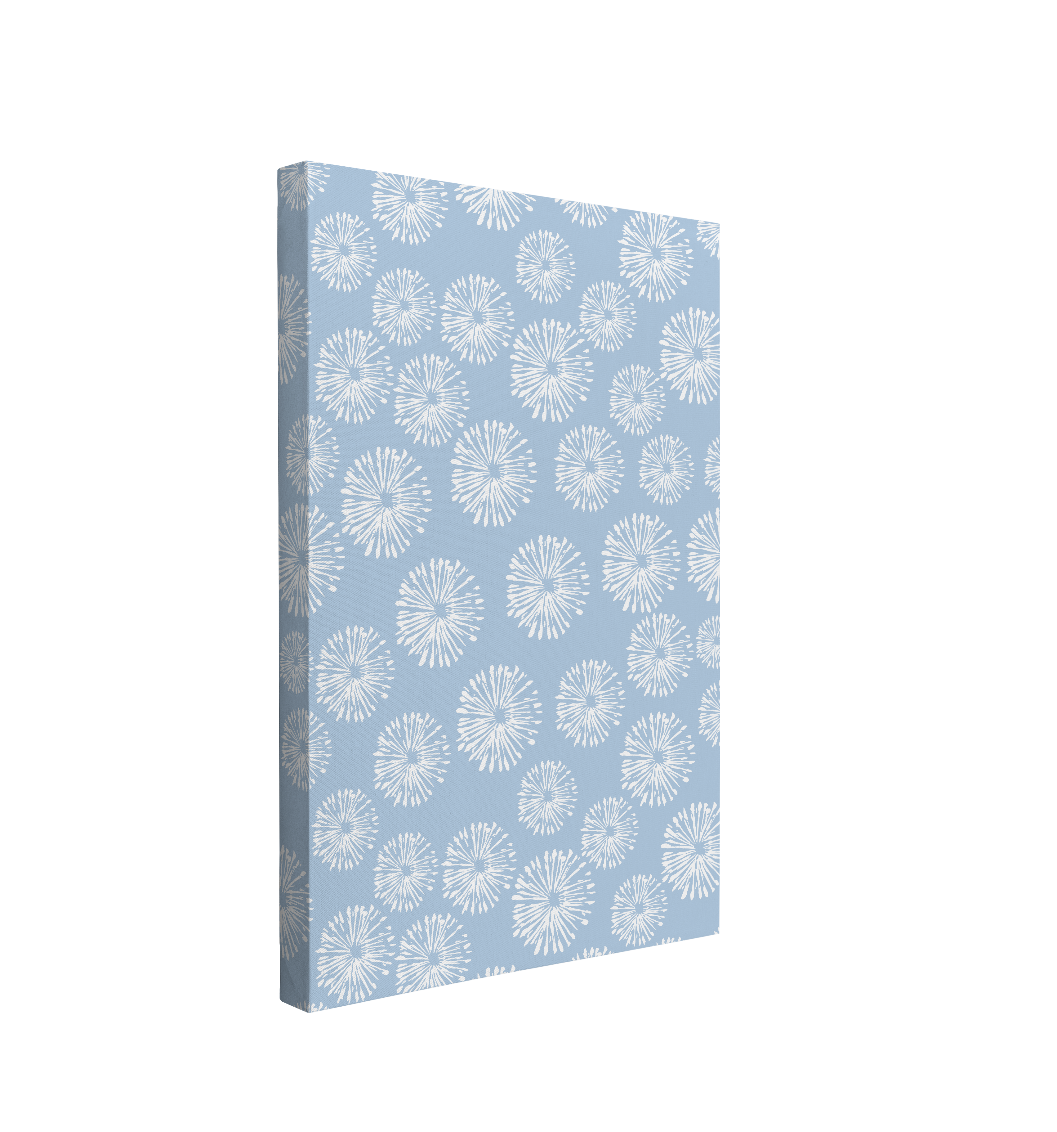 single, 2:3 vertical easy to hang canvas print on a transparent background featuring an image of a graphic print of white dandelion seeds on a light powdered blue background