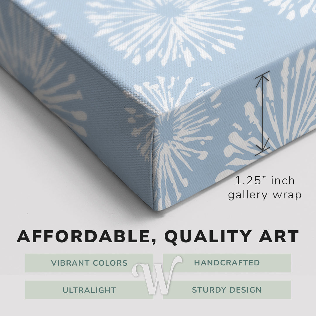 Corner shot of a Whelhung easy to hang canvas print showing the 1.25" inch gallery wrap thickness and graphic saying "Affordable, Quality Art", "Vibrant Colors", "Handcrafted", "Ultralight" and "Sturdy Design."