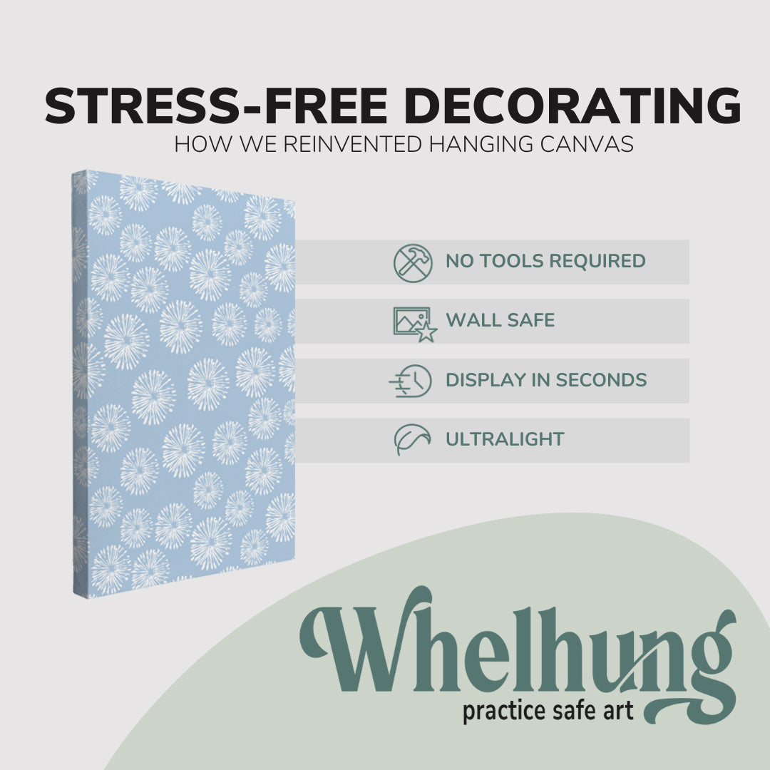 single, 2:3 vertical easy to hang canvas print on a graphic displaying the stress-free decorating Whelhung offers, how we reinvented hanging canvas: "no tools required", "wall safe"", "display in seconds" and "ultralight."