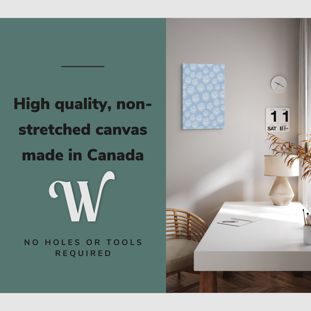 Lifestyle image of the vertical, 12x18 inch easy to hang canvas wall art hung in hung in an minimalist, natural bedroom above a light brown desk with graphic saying "High quality, non-stretched canvas made in Canada"