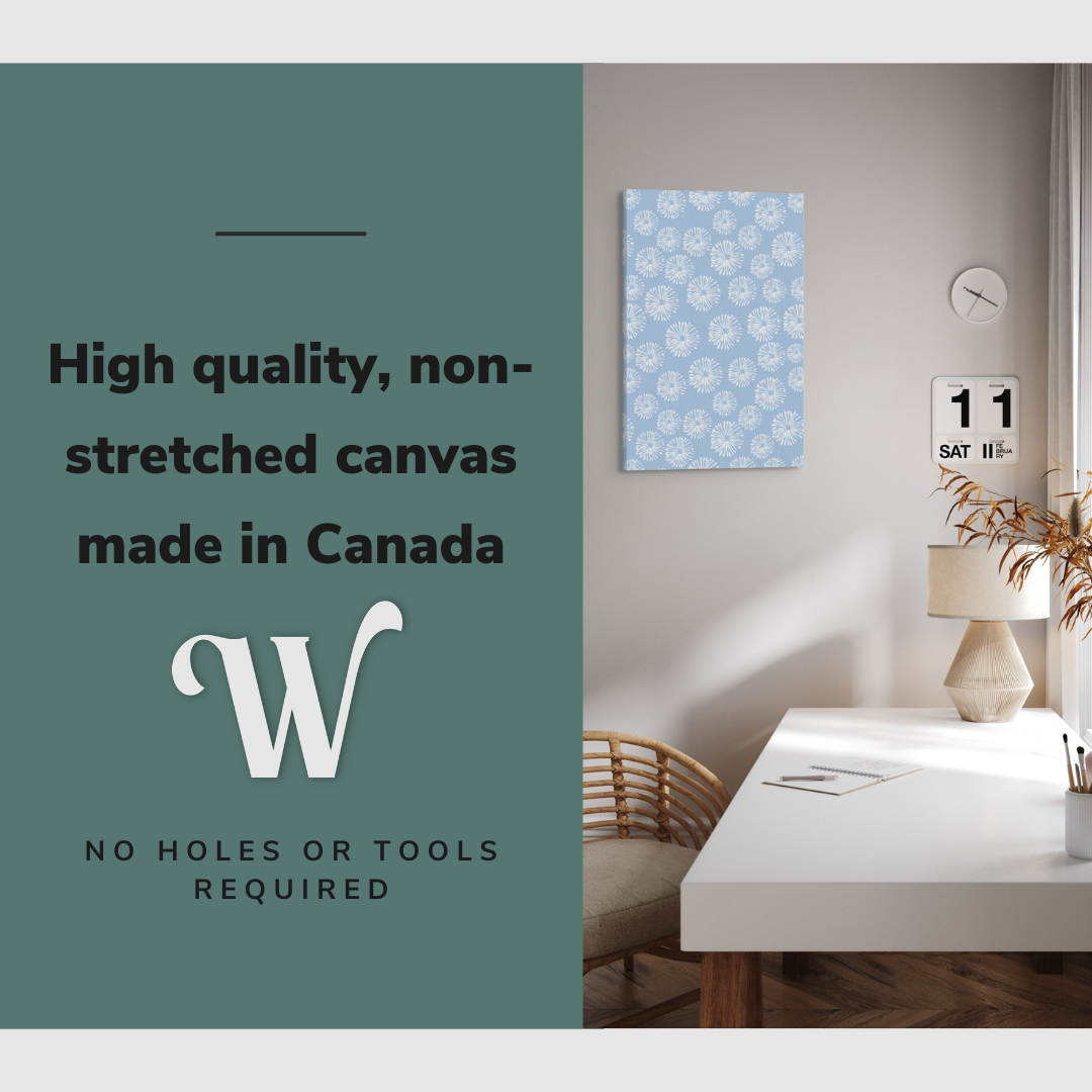 Lifestyle image of the vertical, 16x24 inch easy to hang canvas wall art hung in hung in an minimalist, natural bedroom above a light brown desk with graphic saying "High quality, non-stretched canvas made in Canada"