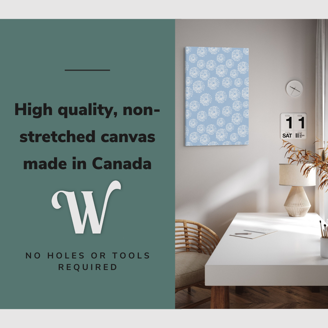 Lifestyle image of the vertical, 20x30 inch easy to hang canvas wall art hung in hung in an minimalist, natural bedroom above a light brown desk with graphic saying "High quality, non-stretched canvas made in Canada"