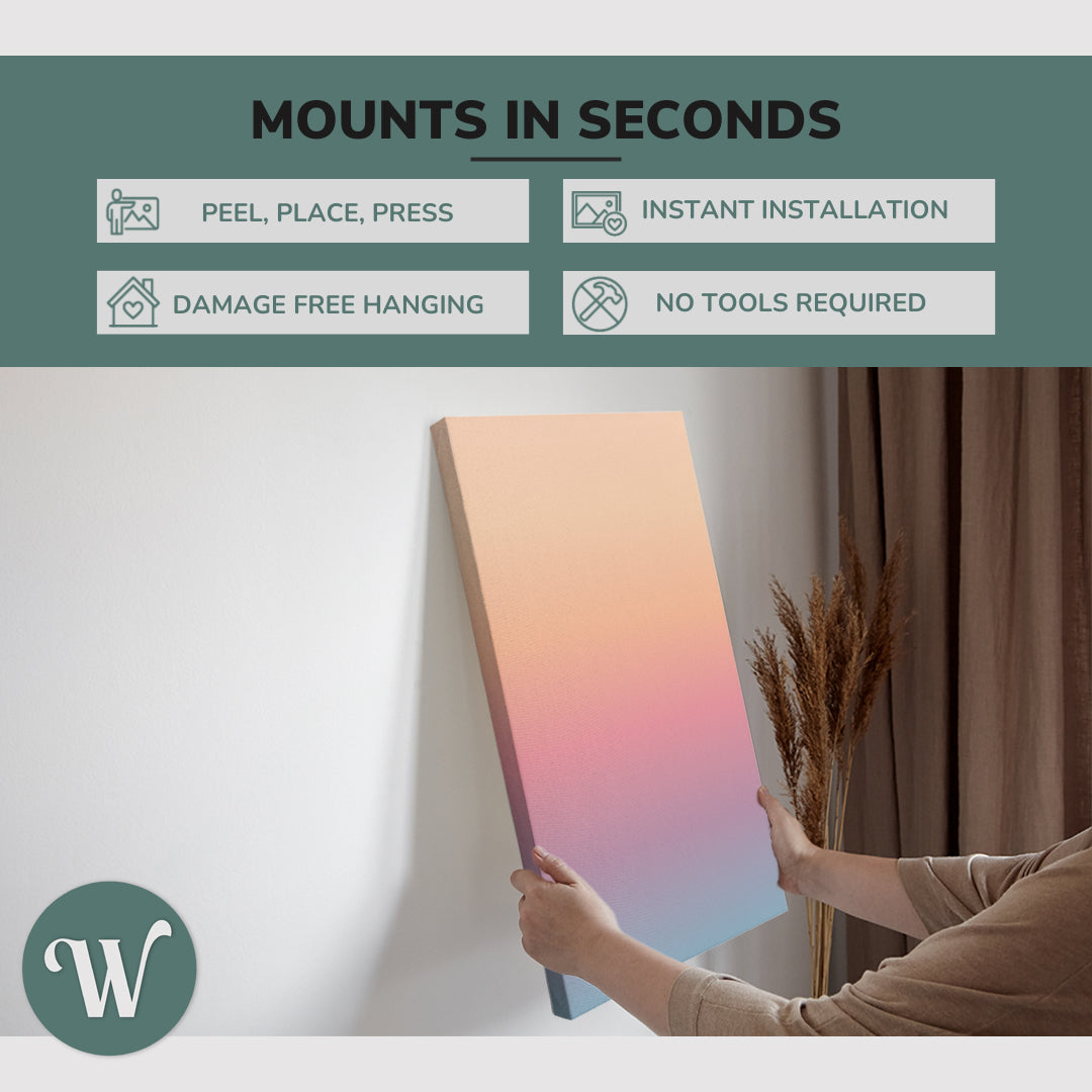 graphic showing hanging one of a 3 Panel 2:3 vertical 30x60 inch easy to hang canvas showing how easy it is to hang. Mounts in seconds, "peel, place, press", "instant installation", "damage free hanging" and "no tools required."