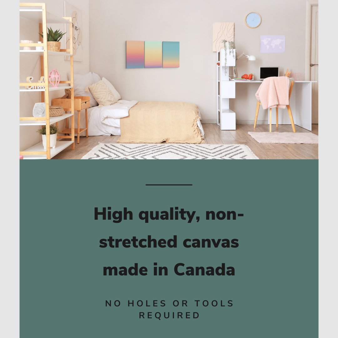 Lifestyle image of the vertical, 18x36 inch easy to hang canvas wall art hung in hung in teen's bedroom over the bed and beside the desk with graphic saying "High quality, non-stretched canvas made in Canada"
