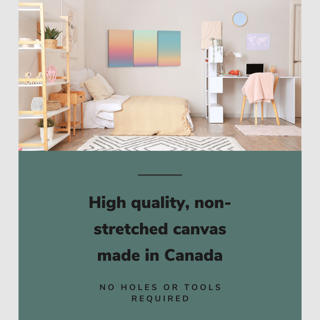 Lifestyle image of the vertical, 24x48 inch easy to hang canvas wall art hung in hung in teen's bedroom over the bed and beside the desk with graphic saying "High quality, non-stretched canvas made in Canada"