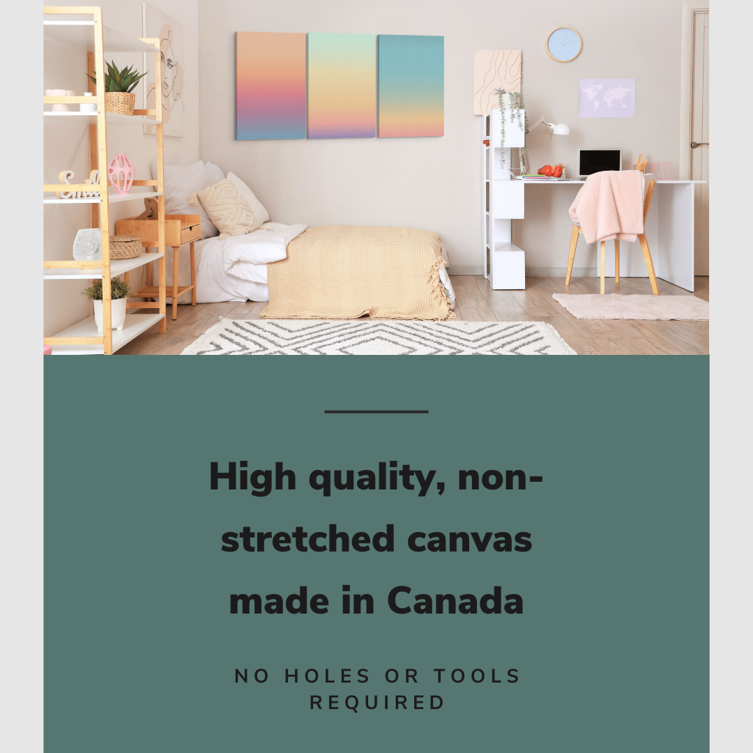 Lifestyle image of the vertical, 30x60 inch easy to hang canvas wall art hung in hung in teen's bedroom over the bed and beside the desk with graphic saying "High quality, non-stretched canvas made in Canada"