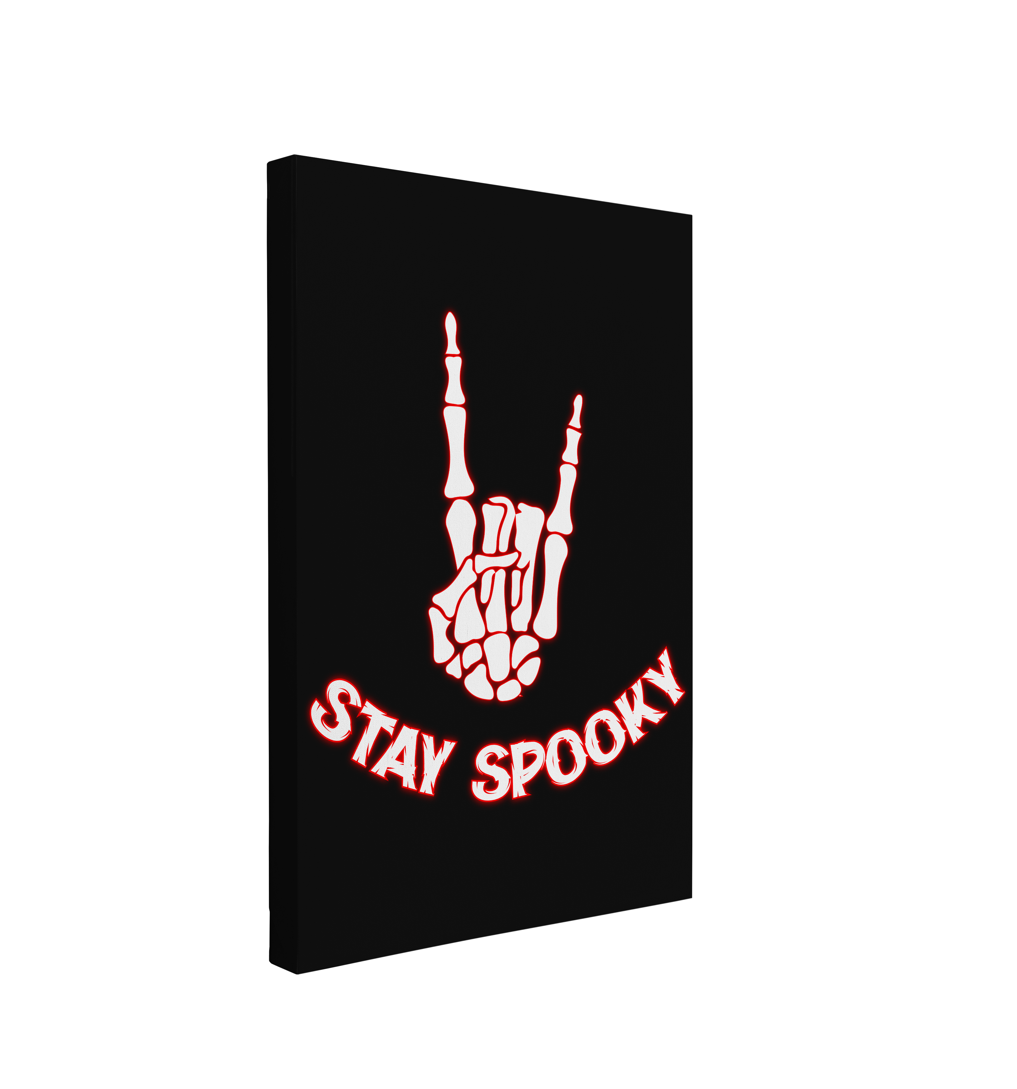 Single, 2:3 vertical easy to hang canvas print on a transparent background featuring an image of a white skeleton hand making the "Rock on" gesture, with a red outline on a black background with words "Stay Spooky" under it in a similar format.