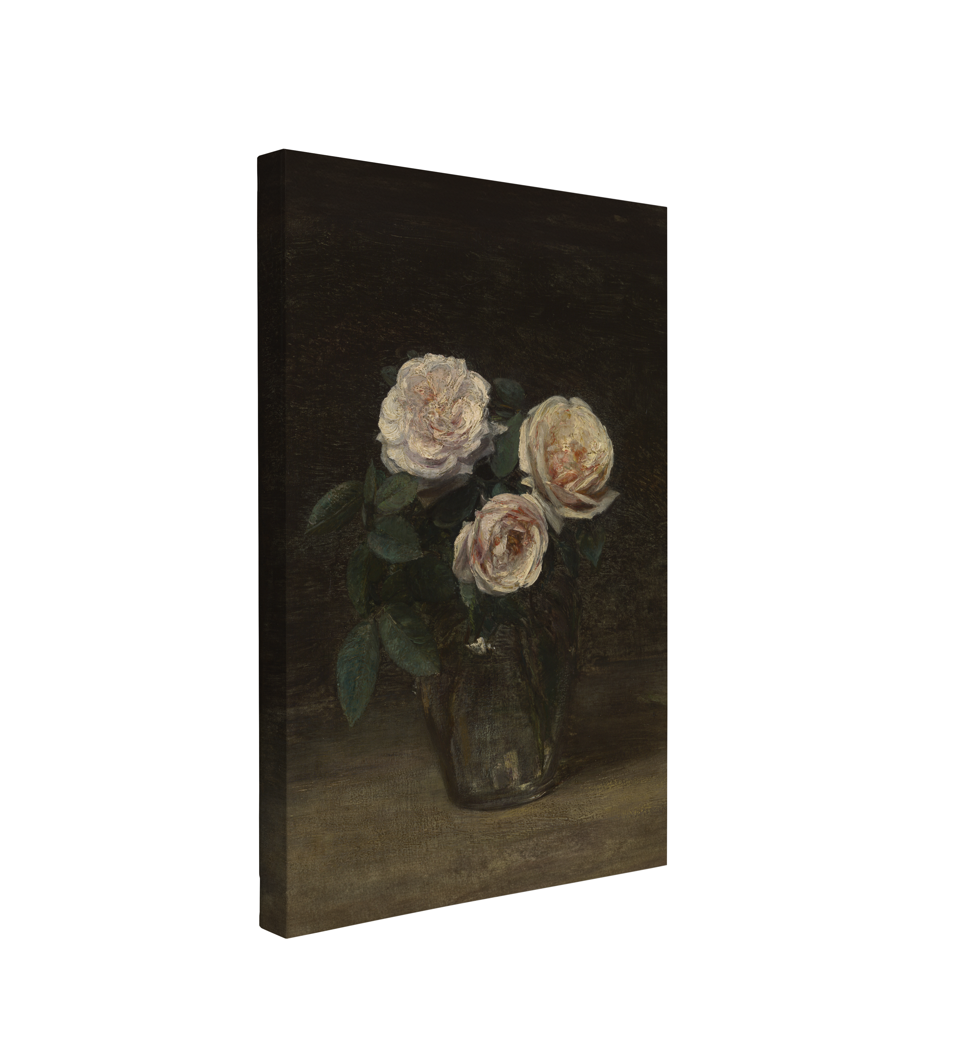 single, 2:3 vertical easy to hang canvas print on a transparent background featuring an image of a dark painted bouquet of roses in a vase on a surface and black background