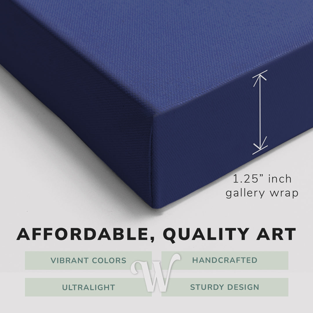 Corner shot of a Whelhung easy to hang canvas print showing the 1.25" inch gallery wrap thickness and graphic saying "Affordable, Quality Art", "Vibrant Colors", "Handcrafted", "Ultralight" and "Sturdy Design."