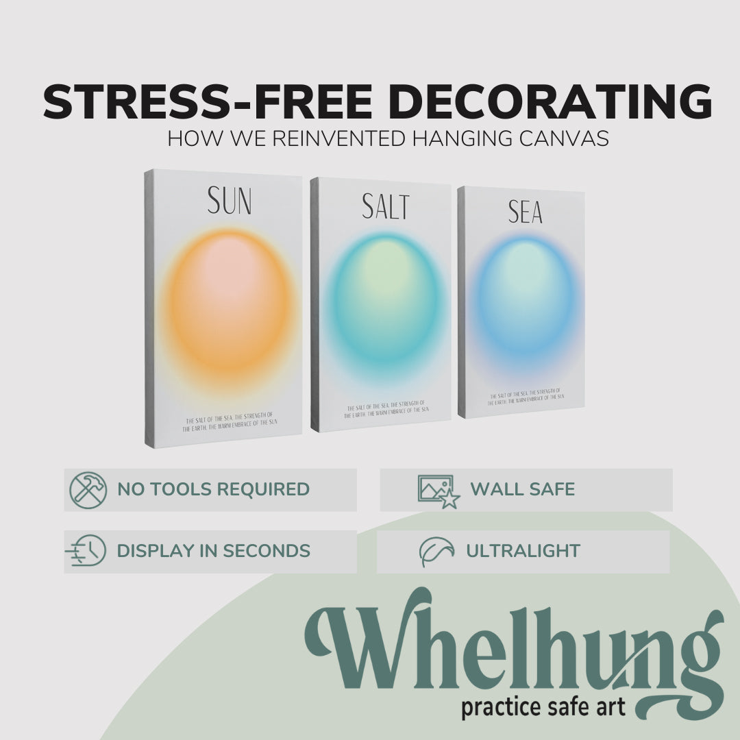 Set of 3, 2:3 vertical easy to hang canvas prints on a graphic displaying the stress-free decorating Whelhung offers, how we reinvented hanging canvas: "no tools required", "wall safe", "display in seconds" and "ultralight."