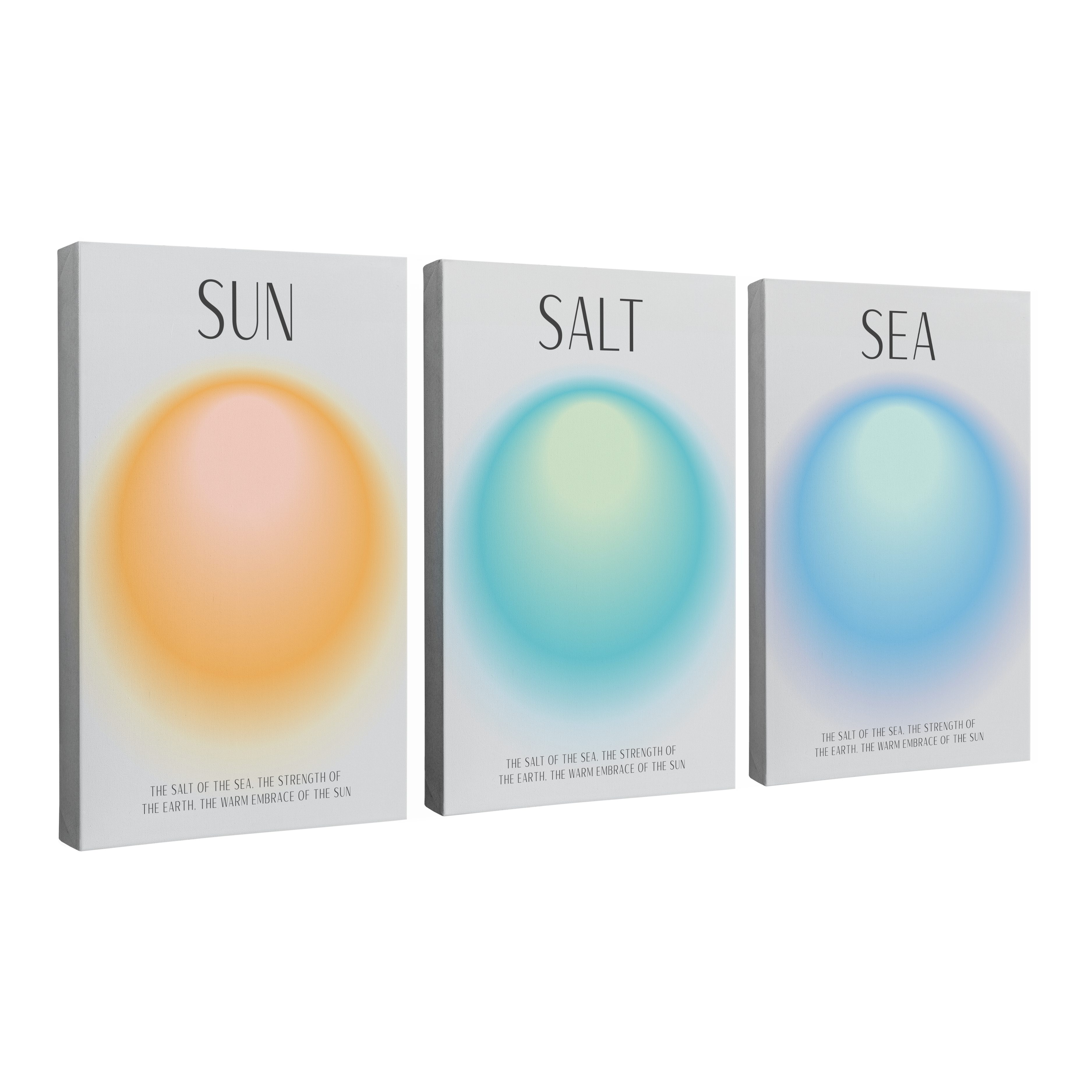 Set of 3, 2:3 vertical easy to hang canvas prints on a transparent background featuring images of three gradient colored auras in yellow for the sun, aqua blue for salt and blue for sea with the quote "The Salt of the Sea, The Strength of the Earth, The Warm Embrace of the Sun" under each of them.