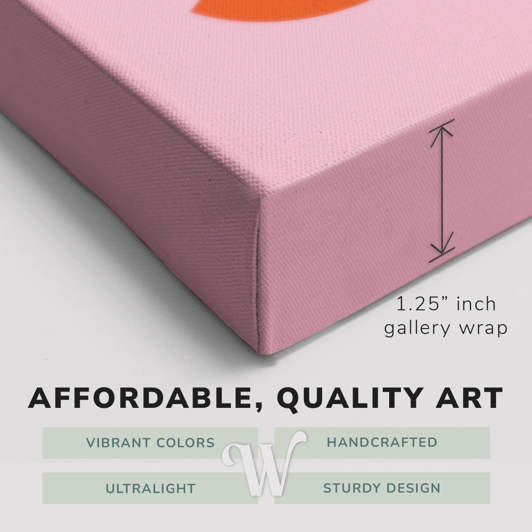 Corner shot of a Whelhung easy to hang canvas print showing the 1.25" inch gallery wrap thickness and graphic saying "Affordable, Quality Art", "Vibrant Colors", "Handcrafted", "Ultralight" and "Sturdy Design."
