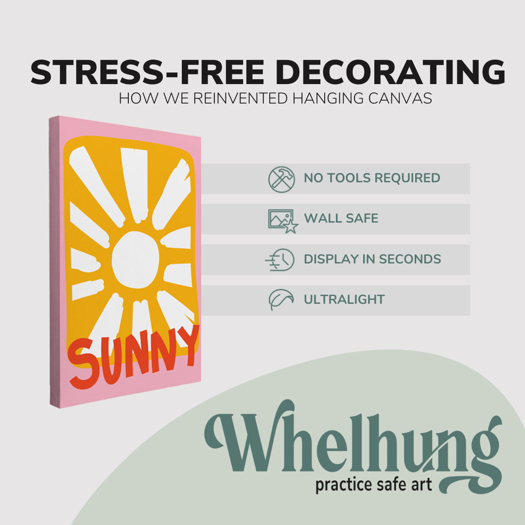 Single, 2:3 vertical easy to hang canvas prints on a graphic displaying the stress-free decorating Whelhung offers, how we reinvented hanging canvas: "no tools required", "wall safe", "display in seconds" and "ultralight."