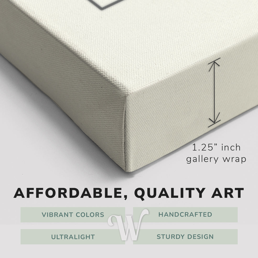 Corner shot of a Whelhung easy to hang canvas print showing the 1.25" inch gallery wrap thickness and graphic saying "Affordable, Quality Art", "Vibrant Colors", "Handcrafted", "Ultralight" and "Sturdy Design."
