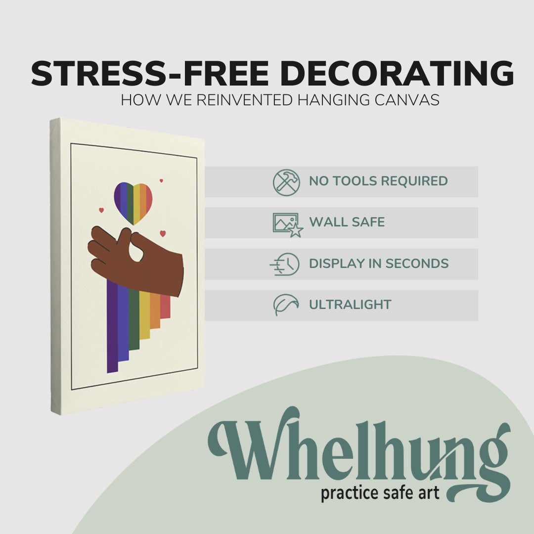 single, 2:3 vertical easy to hang canvas print on a graphic displaying the stress-free decorating Whelhung offers, how we reinvented hanging canvas: "no tools required", "wall safe"", "display in seconds" and "ultralight."