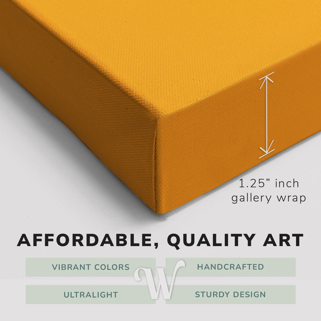 Corner shot of a Whelhung easy to hang canvas print showing the 1.25” inch gallery wrap thickness and graphic saying "Affordable, Quality Art", "Vibrant Colors", "Handcrafted", "Ultralight" and "Sturdy Design."