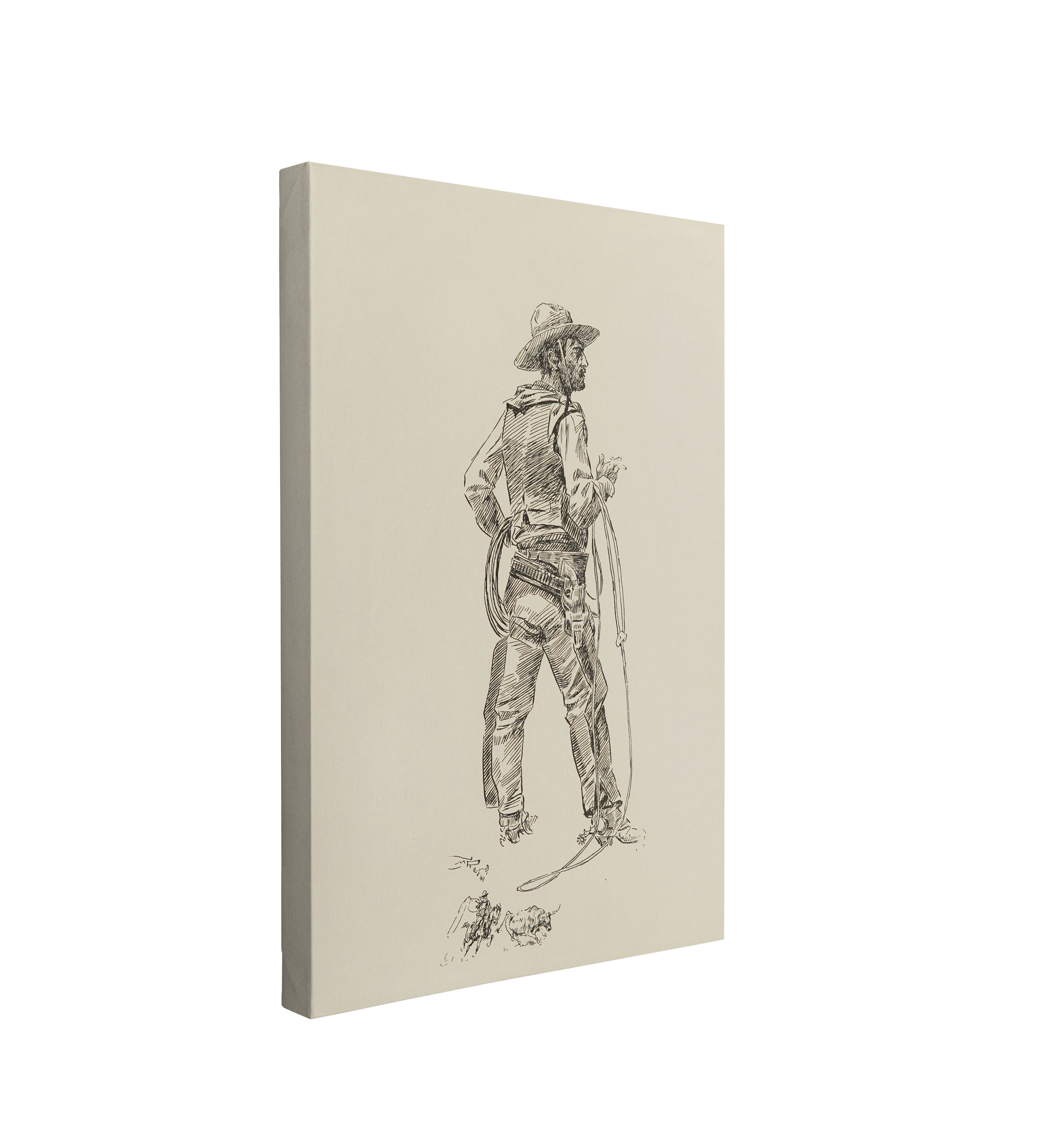 Single, 2:3 vertical easy to hang canvas print on a transparent background featuring an image of a sketch of a lone cowboy, wearing a cowboy hat, with a handkerchief, lasso, cigarette, pistol, bandolier and cowboy boots. On a white background in black and white.