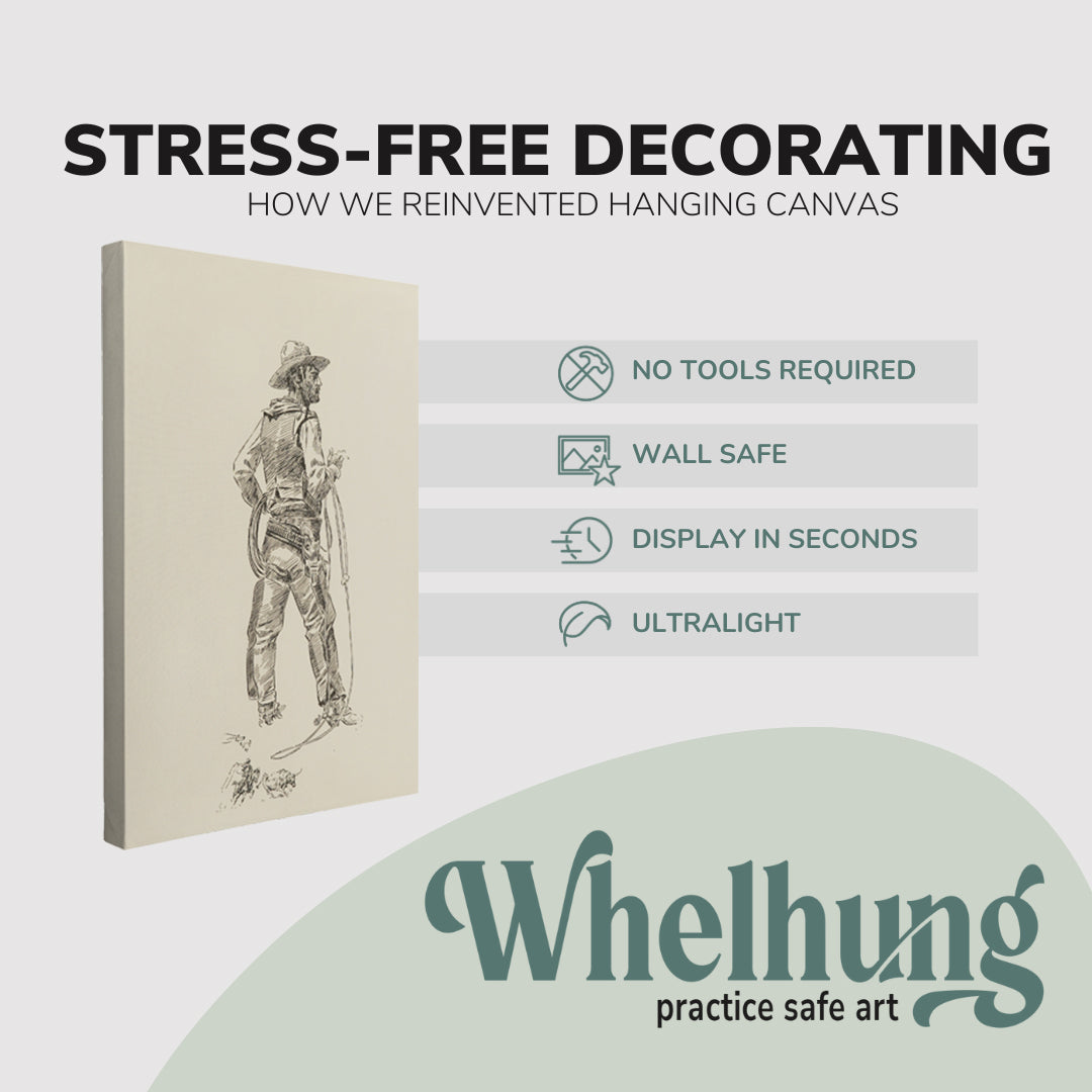 Single, 2:3 vertical easy to hang canvas print on a graphic displaying the stress-free decorating Whelhung offers, how we reinvented hanging canvas: "no tools required", "wall safe", "display in seconds" and "ultralight."