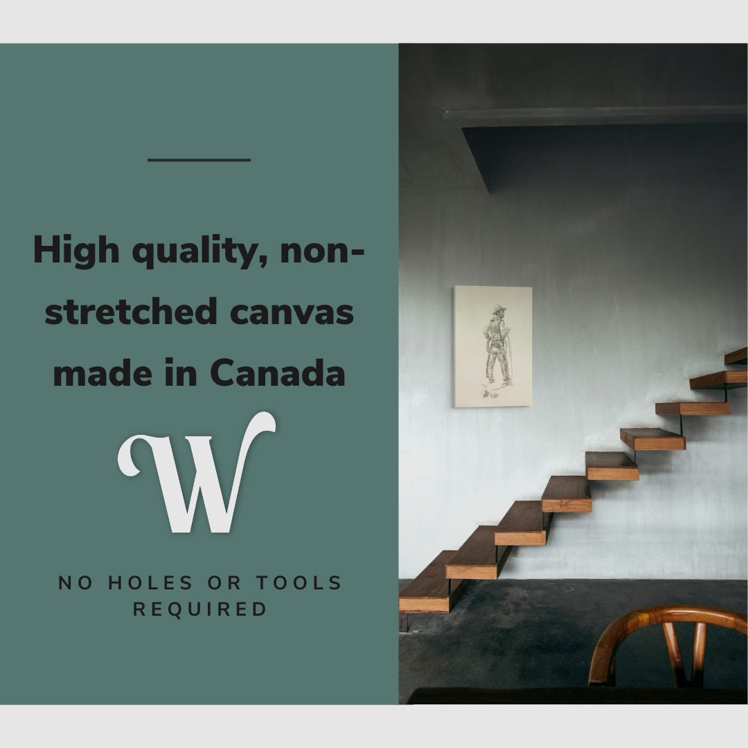 Lifestyle image of the vertical, 20x30” inch easy to hang canvas wall art hung above stairs in a stairway overlooking a dining room with graphic saying "High quality, non-stretched canvas made in Canada"