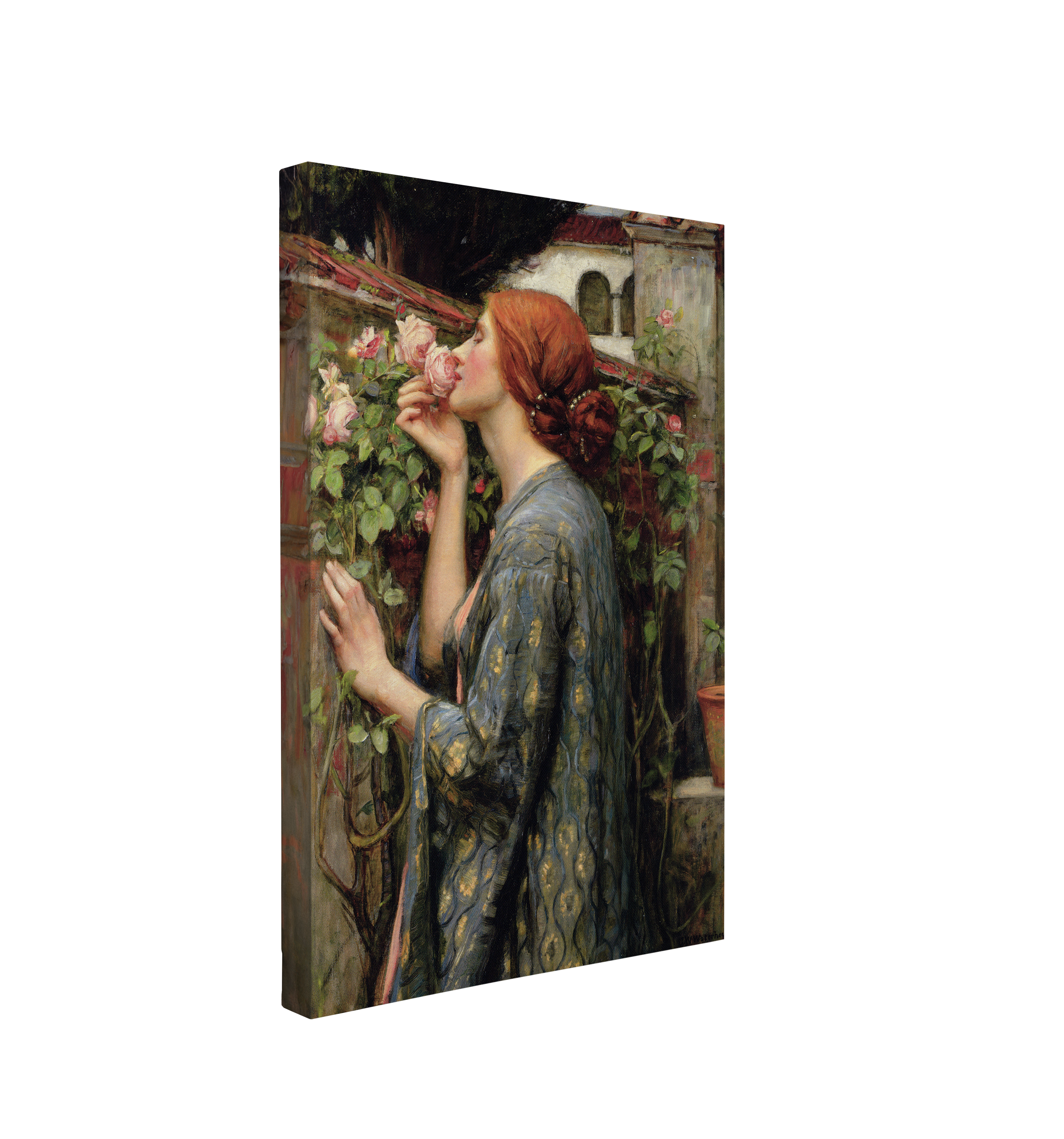 single, 2:3 vertical easy to hang canvas print on a transparent background featuring an image of a painted red haired woman wearing green smelling a rose bush on a brick wall in an italian villa background