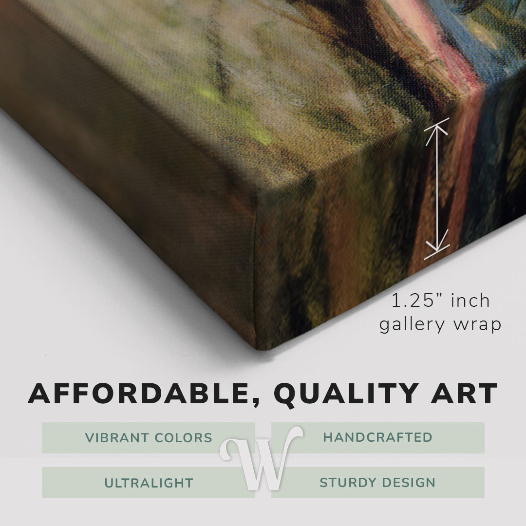 Corner shot of a Whelhung easy to hang canvas print showing the 1.25" inch gallery wrap thickness and graphic saying "Affordable, Quality Art", "Vibrant Colors", "Handcrafted", "Ultralight" and "Sturdy Design."