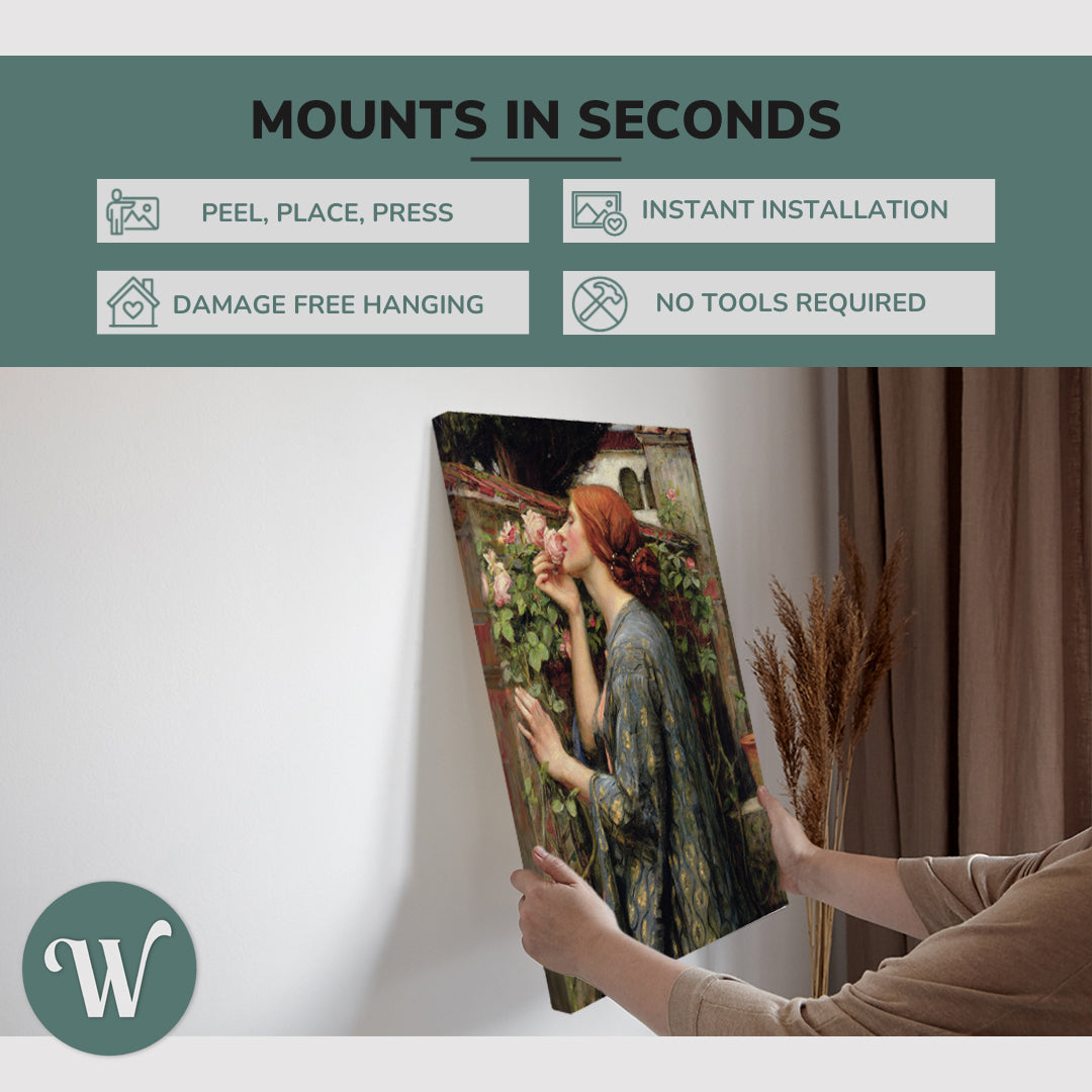 graphic showing hanging a single 2:3 vertical 20x30 inch easy to hang canvas showing how easy it is to hang. Mounts in seconds, "peel, place, press", "instant installation", "damage free hanging" and "no tools required."