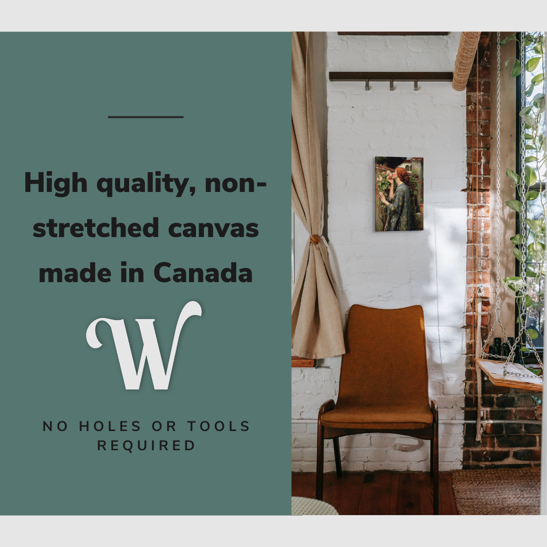 Lifestyle image of the vertical, 12x18 inch easy to hang canvas wall art hung in a dining room beside a chair placed to the side with graphic saying "High quality, non-stretched canvas made in Canada"
